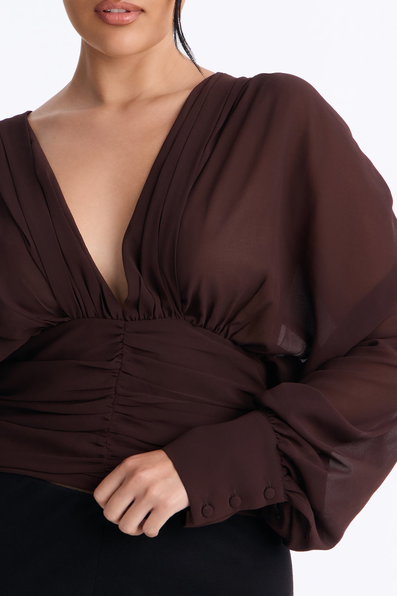 Lynna Ruched Chiffon Blouse - Brown