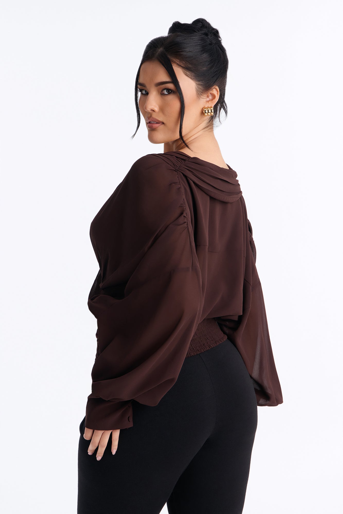 Lynna Ruched Chiffon Blouse - Brown