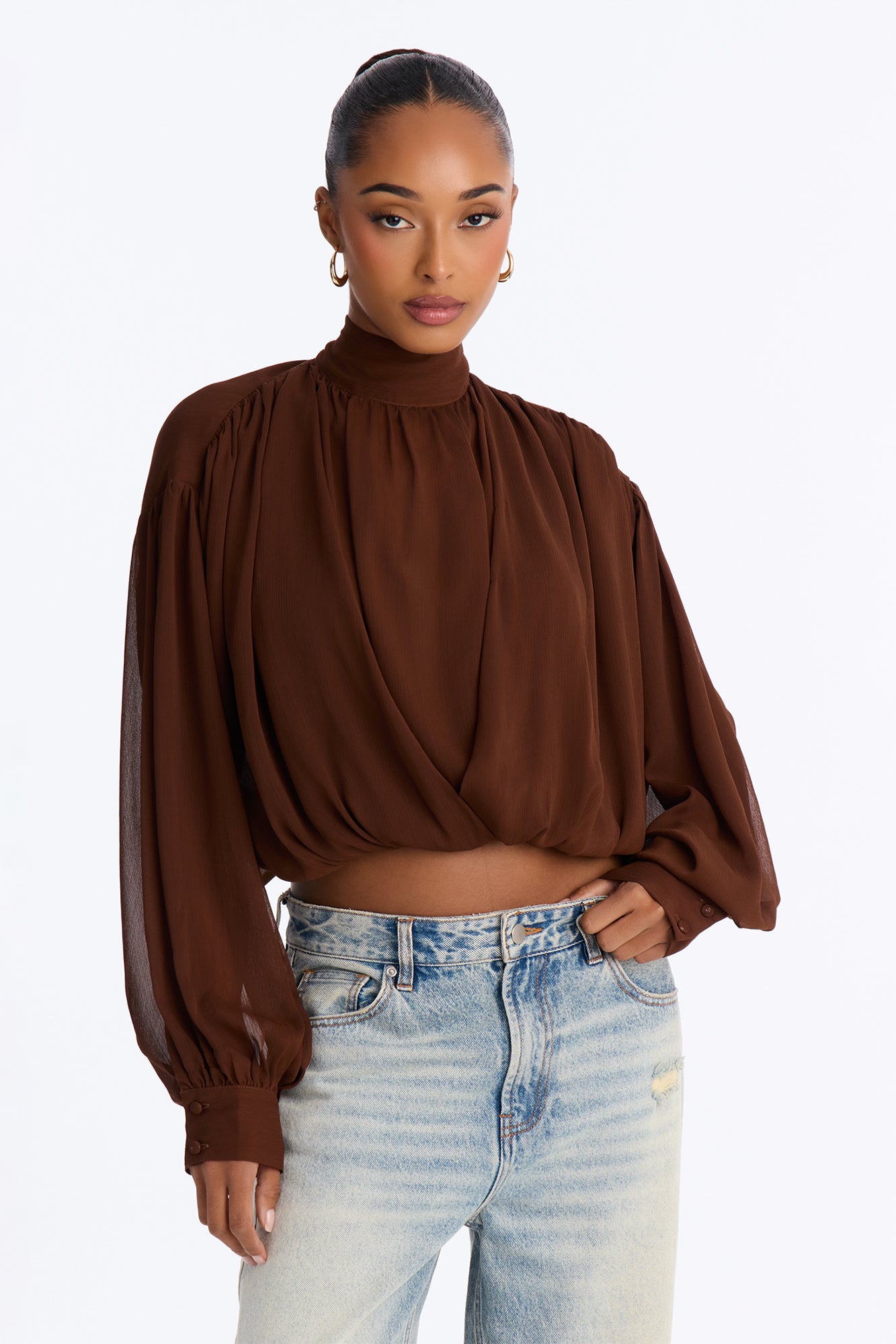 Aleana Cropped Chiffon Blouse - Brown