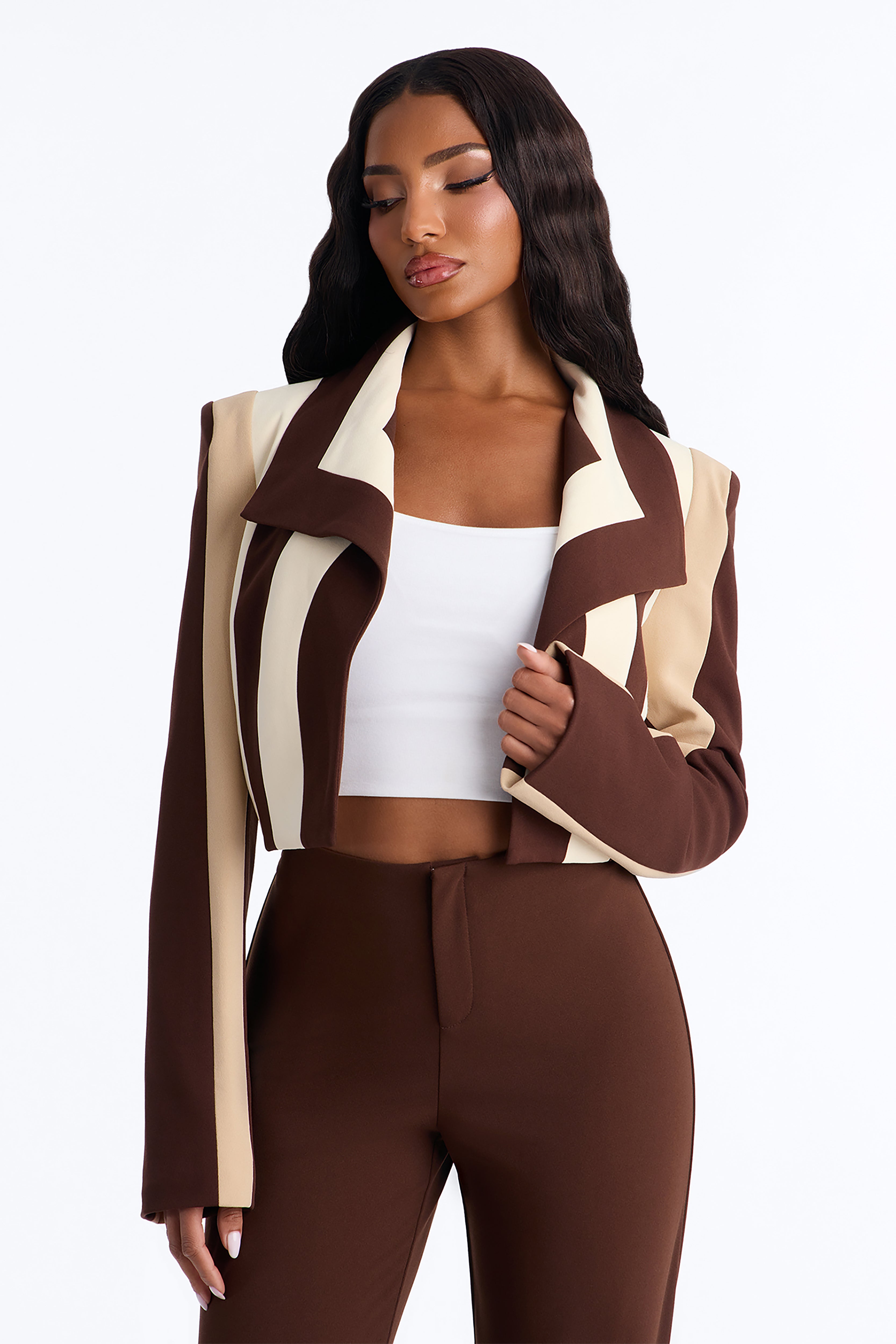 Playing Mind Games Cropped Blazer - Beige/Brown