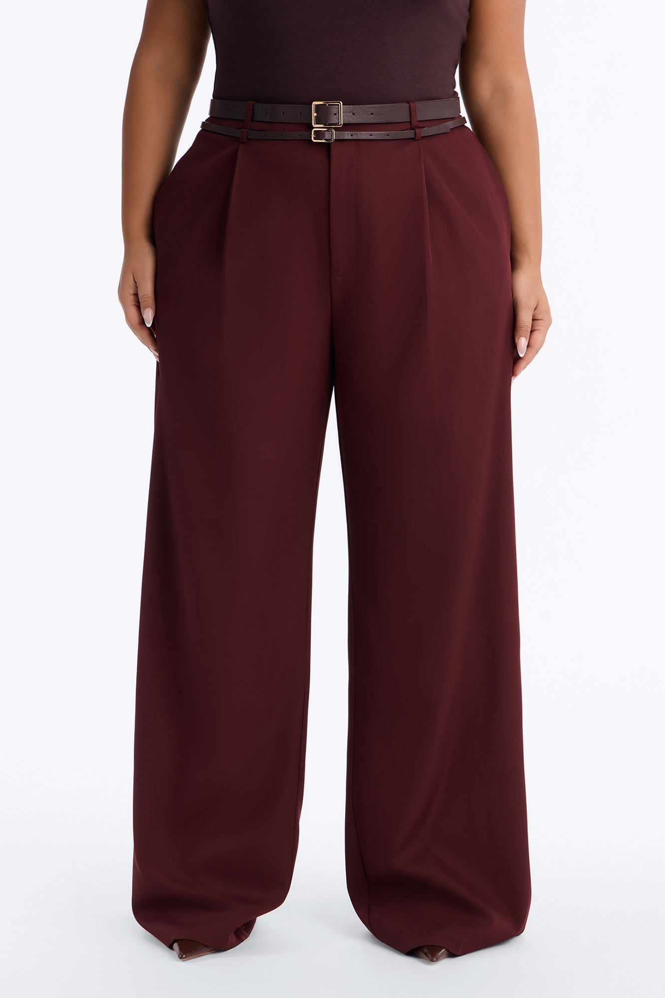 Tall Geraldine Belted Wide Leg Trousers - Wine