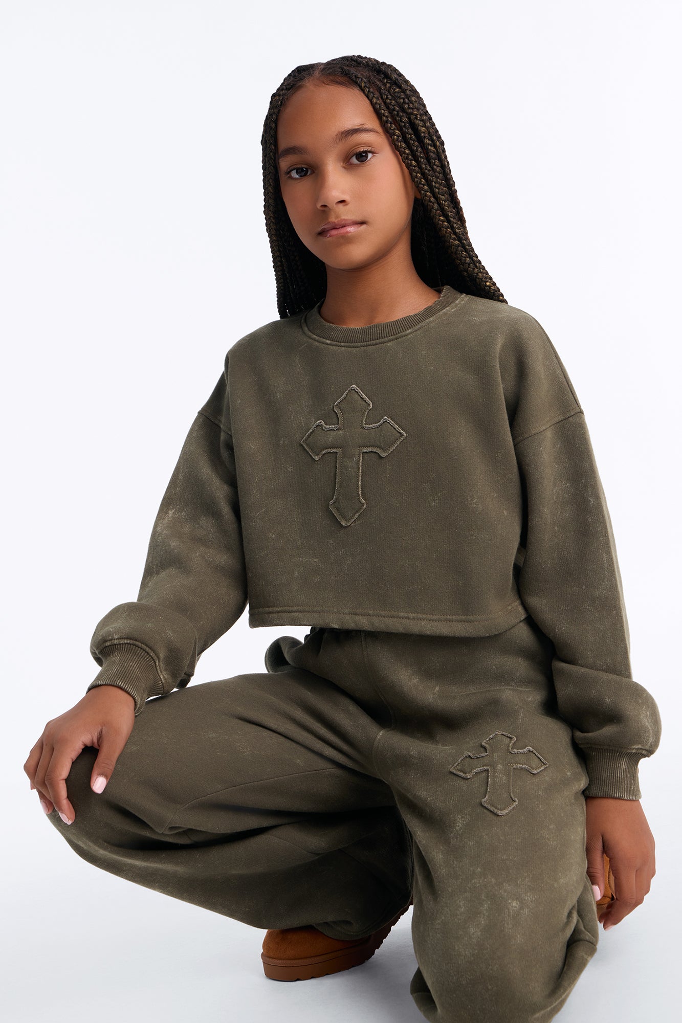 Mini Hidden Cross Fleece Pant Set - Olive