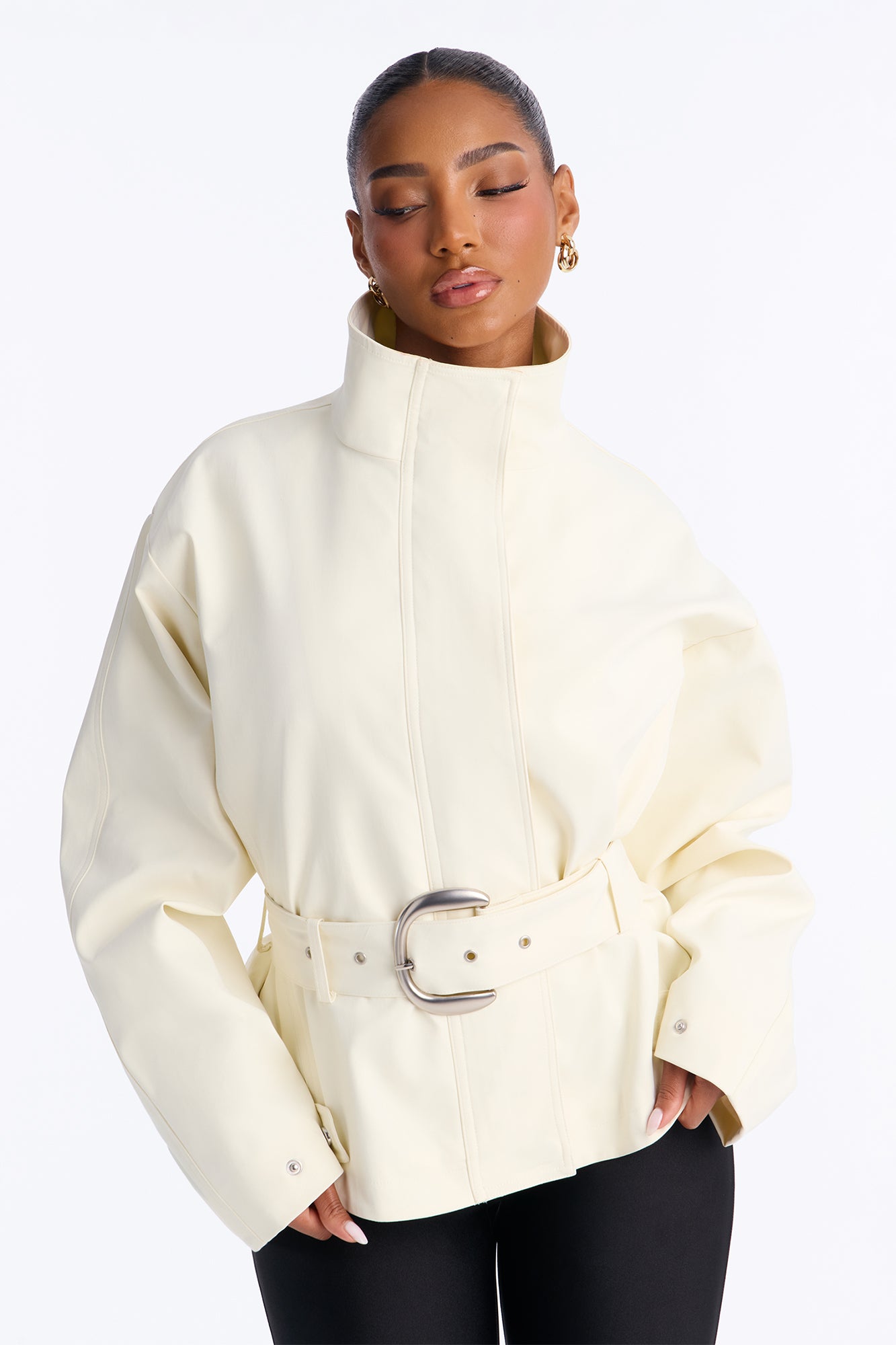 On The Move Nylon Blend Belted Jacket - Stone