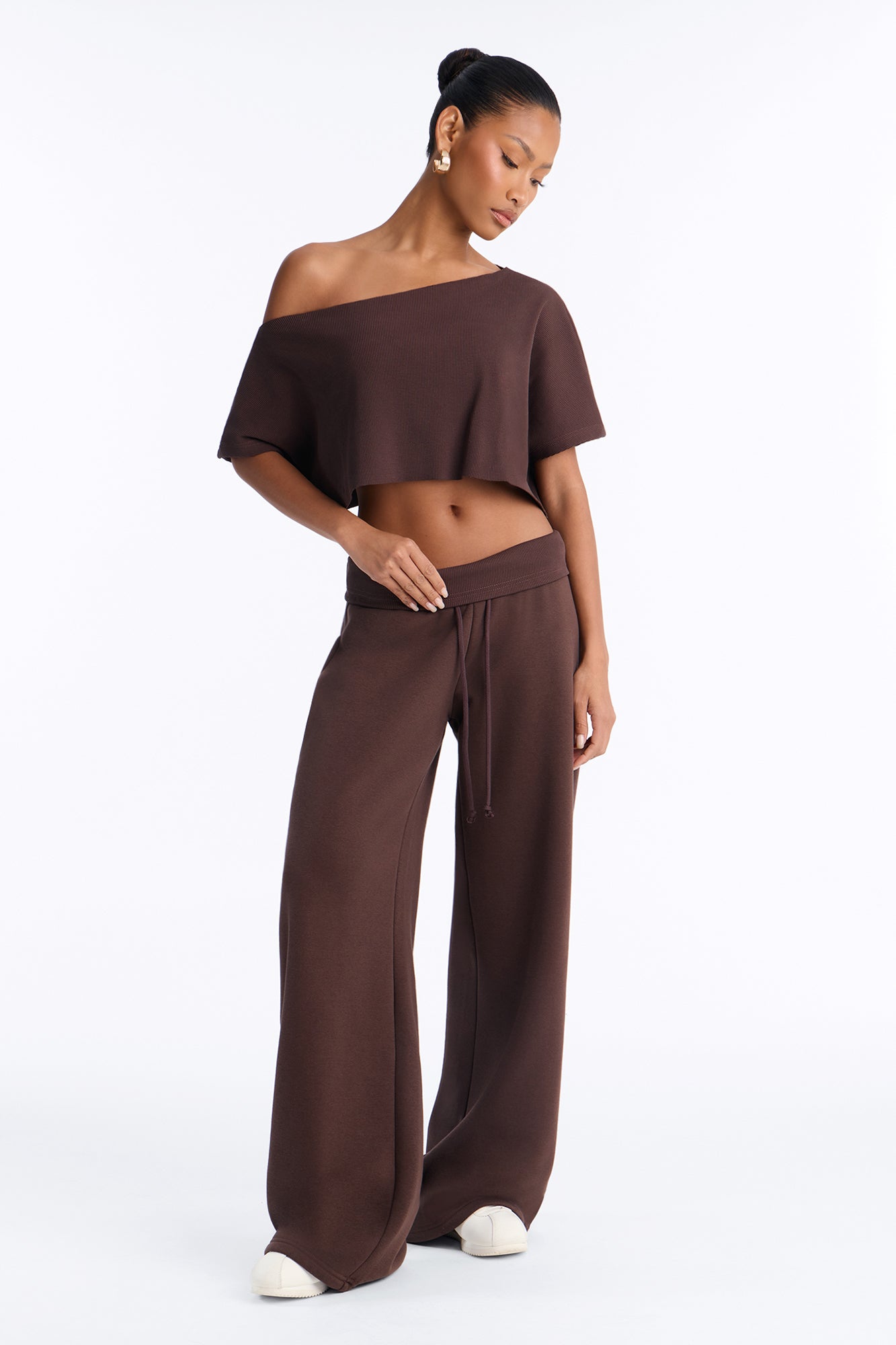 Mila Off Shoulder Top And Sweatpant Set - Chocolate