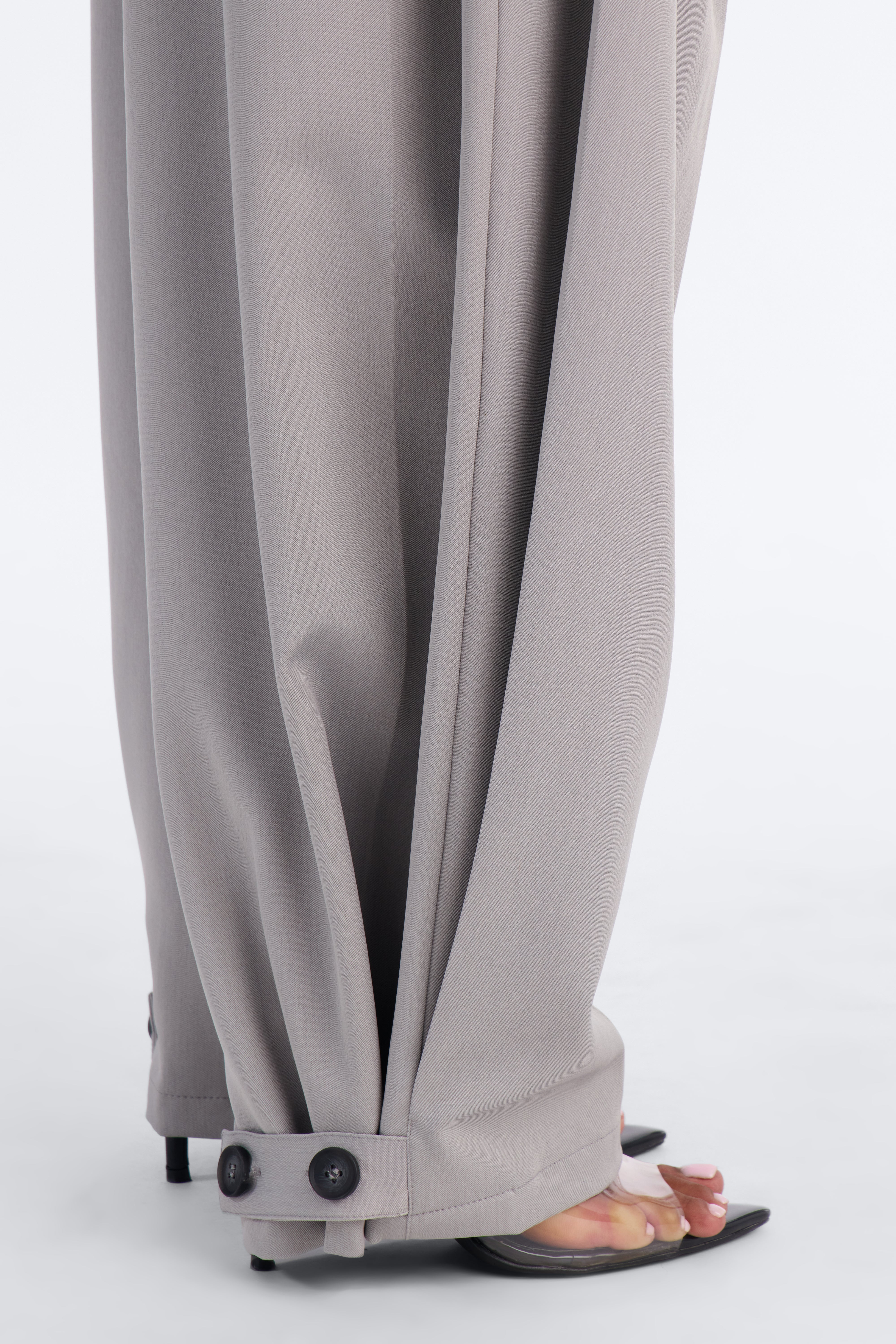 Kate Side Pleated Button Cuff Trouser - Light Grey
