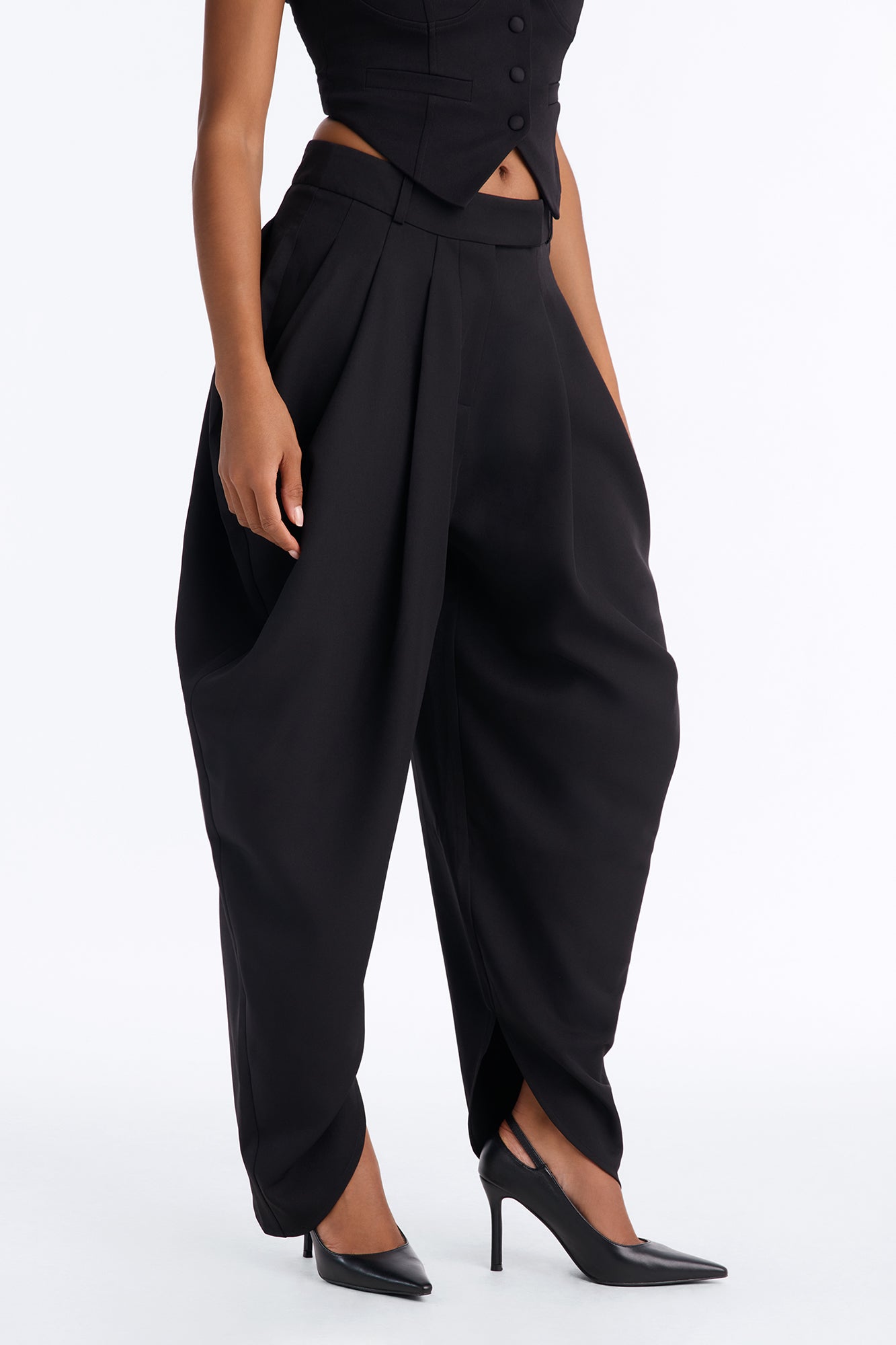 Boheme High Waisted Flowy Pleated Barrel Leg Trouser - Black