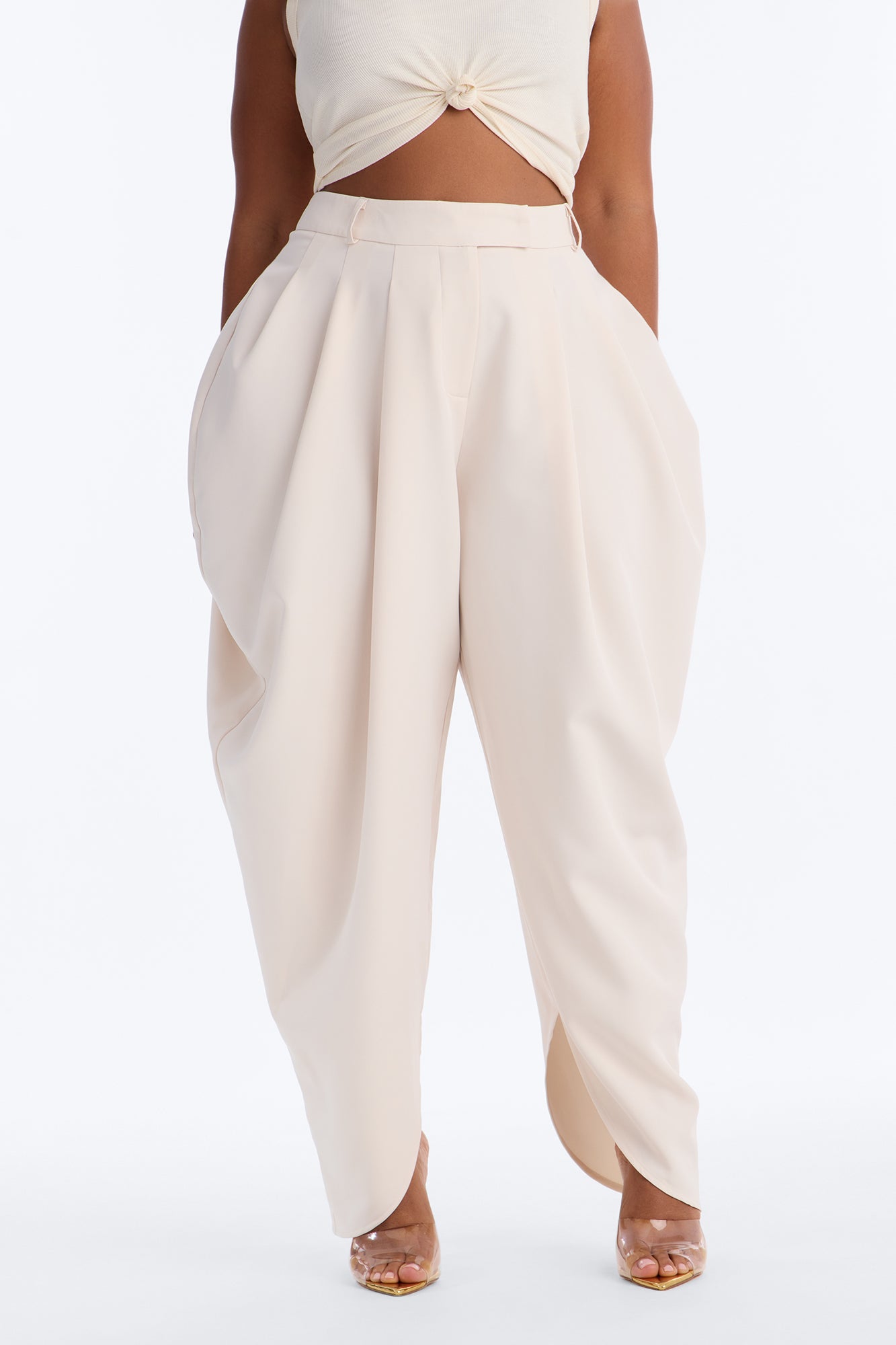 Boheme High Waisted Flowy Pleated Barrel Leg Trouser - Ivory