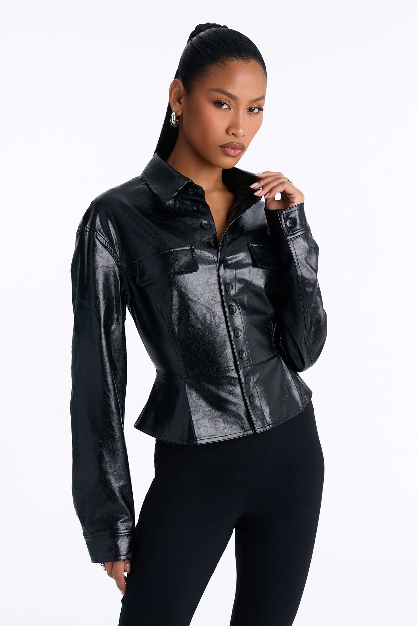 Sara Fitted Faux Leather Shacket - Black
