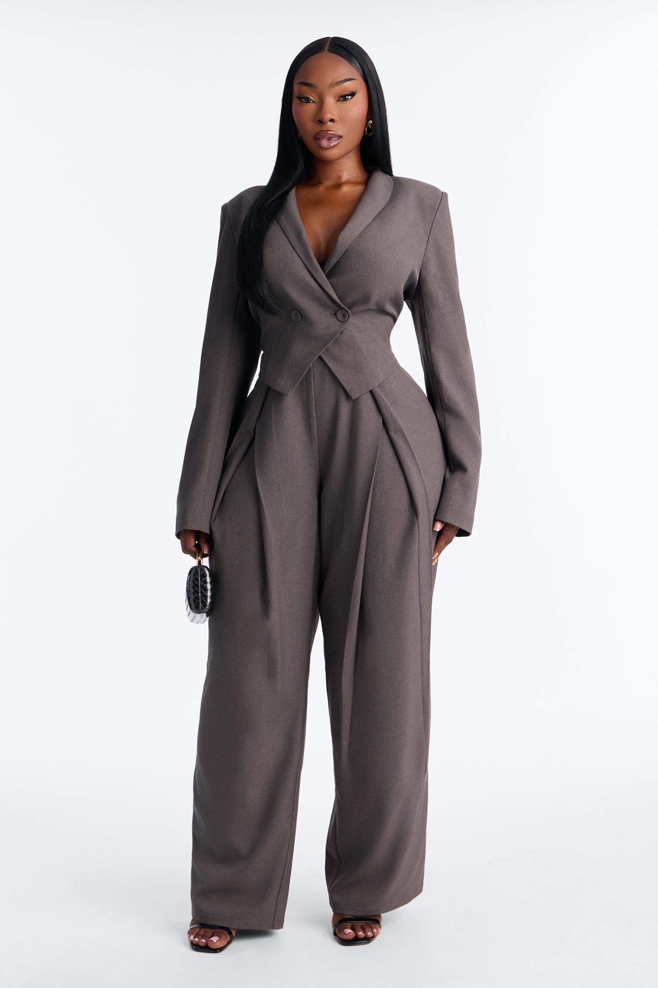 Heathered Edge Double Breasted Cropped Blazer - Charcoal