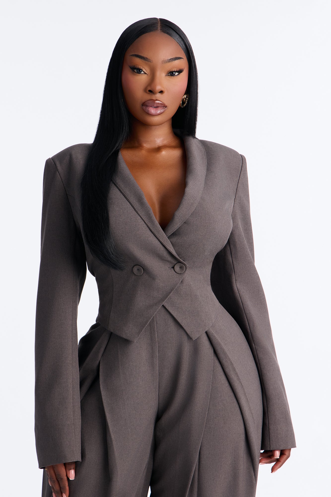 Heathered Edge Double Breasted Cropped Blazer - Charcoal