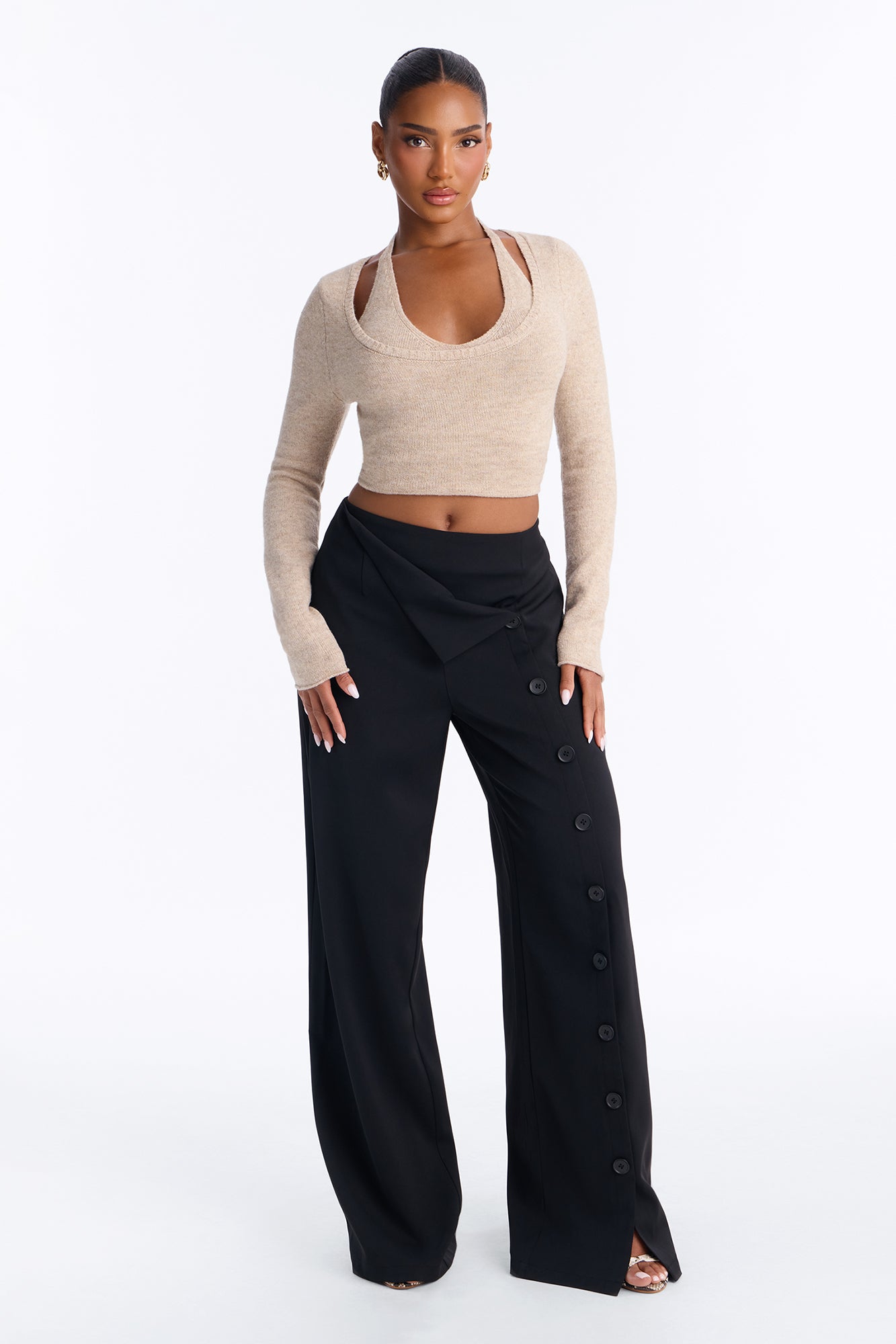 Ace Low Rise Button Front Foldover Detail Trouser - Black