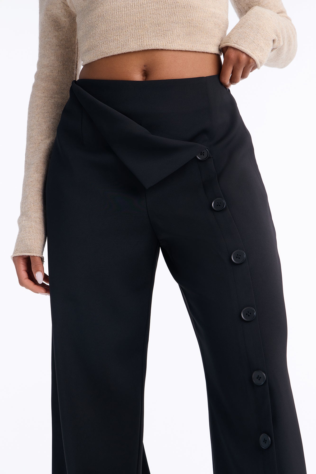 Ace Low Rise Button Front Foldover Detail Trouser - Black