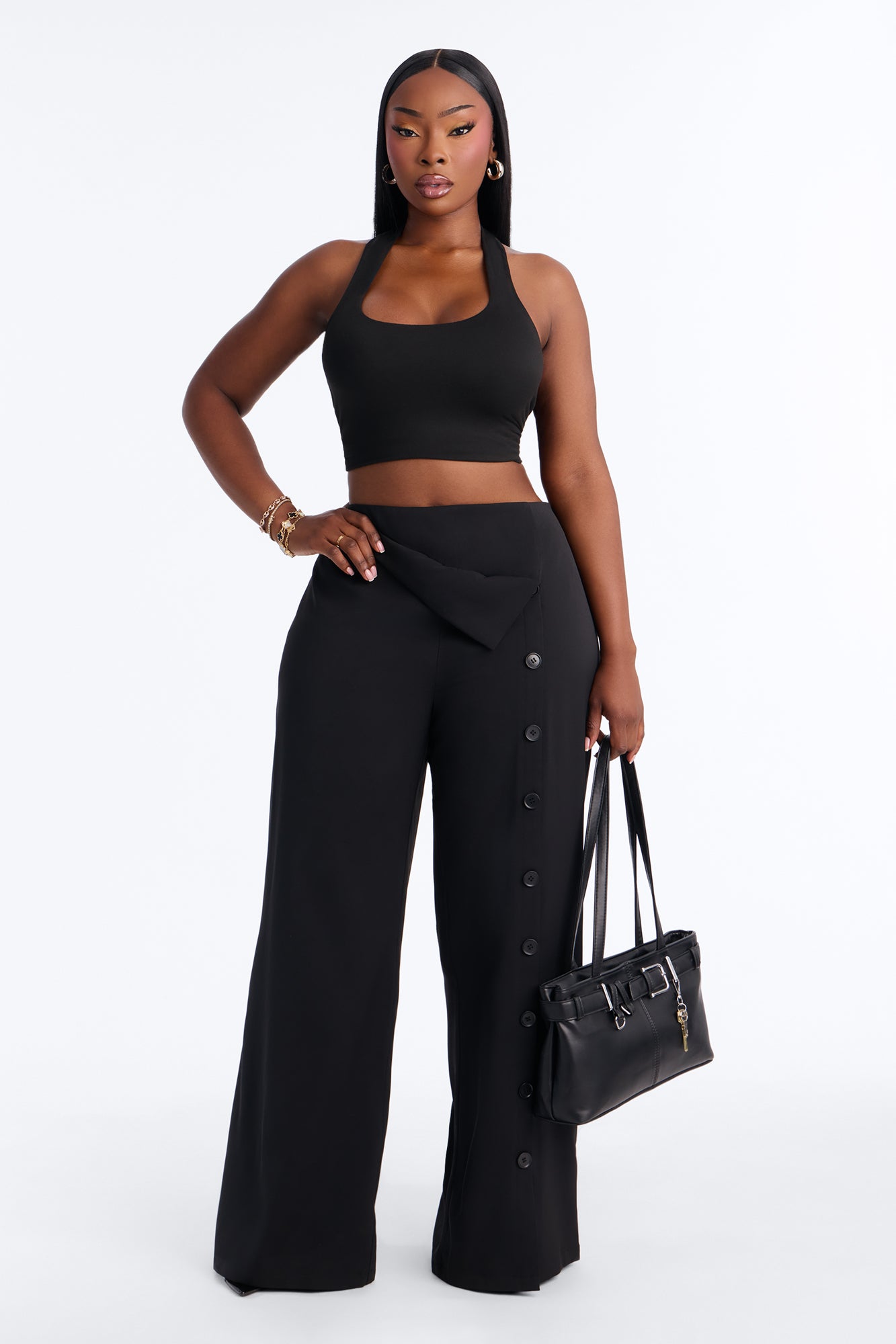 Ace Low Rise Button Front Foldover Detail Trouser - Black