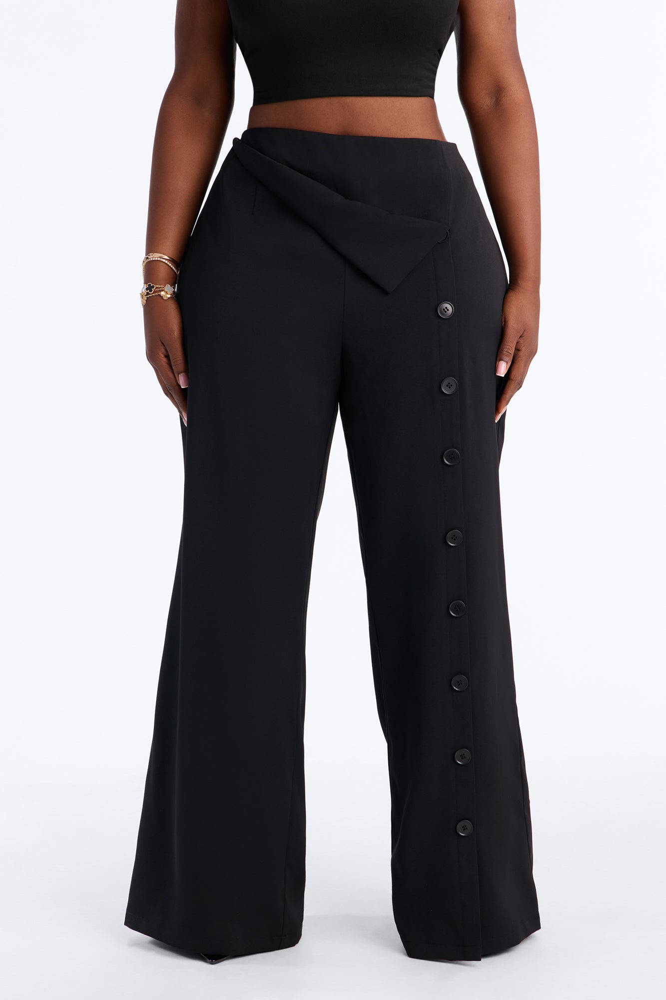 Ace Low Rise Button Front Foldover Detail Trouser - Black