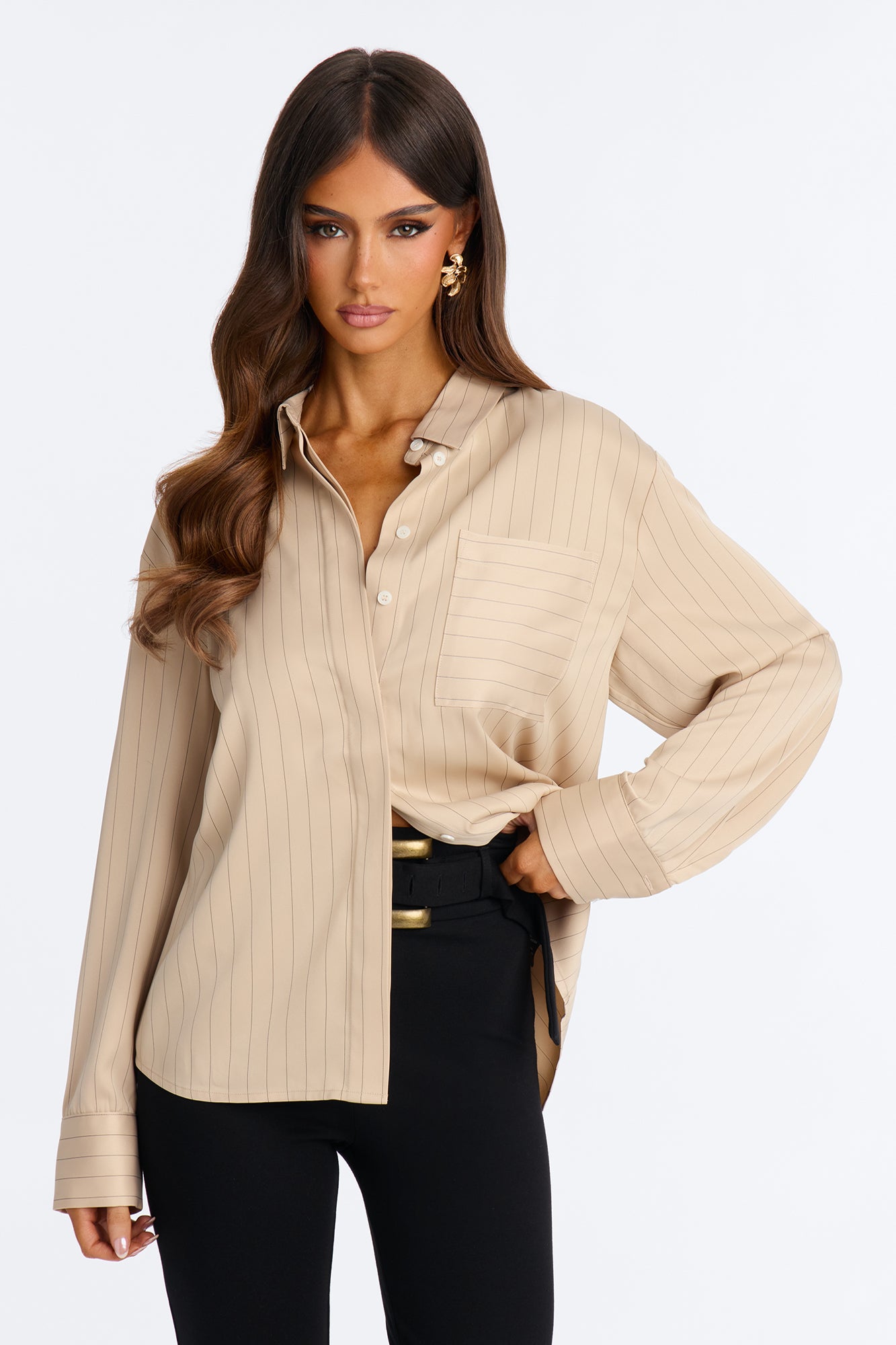 Take Your Time Pinstripe Satin Shirt - Cream/combo