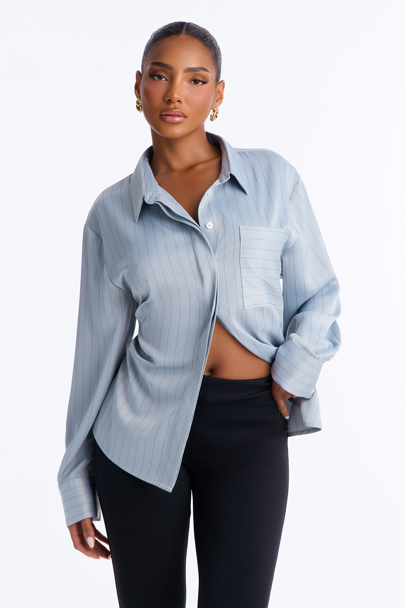 Take Your Time Pinstripe Satin Shirt - Grey/combo