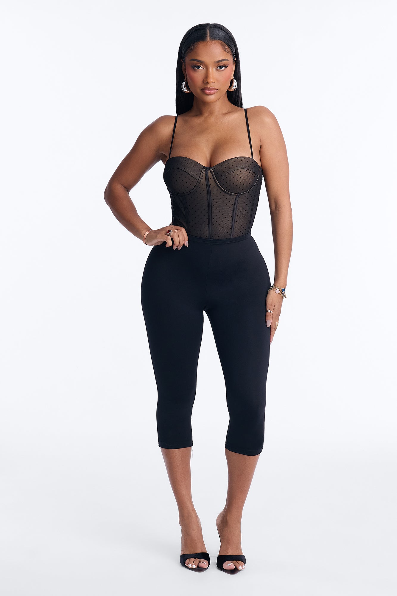 Andreina Polka Dot Mesh Corset Bodysuit - Black