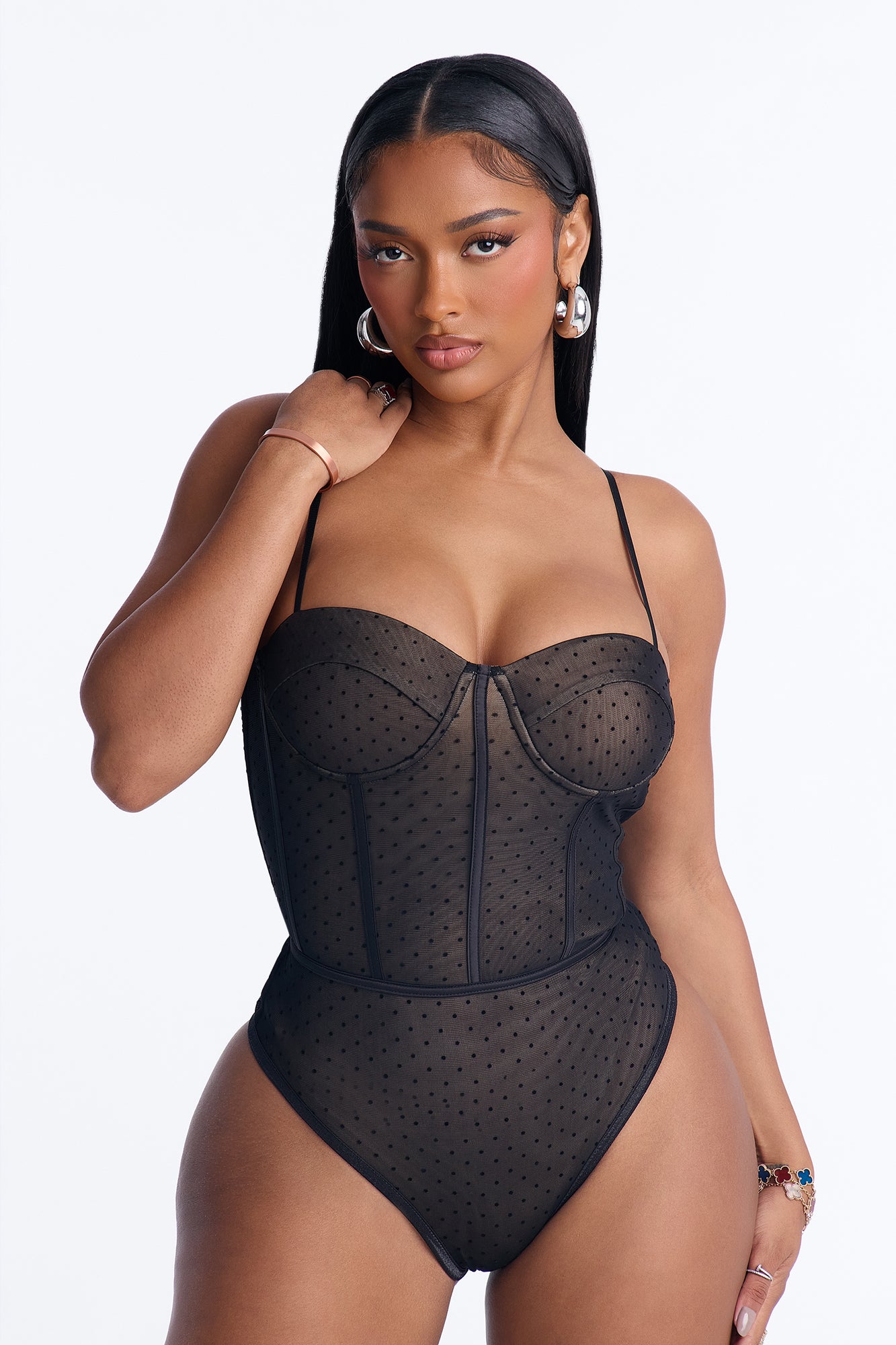 Andreina Polka Dot Mesh Corset Bodysuit - Black