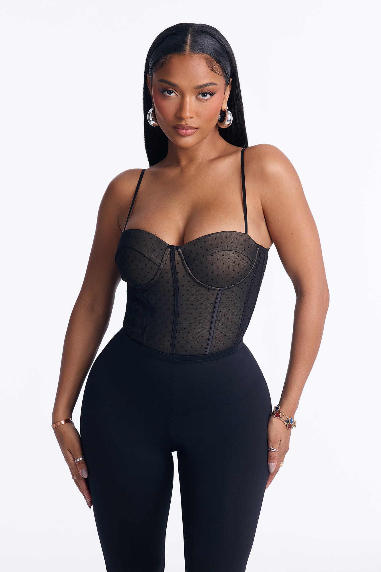 Andreina Polka Dot Mesh Corset Bodysuit - Black