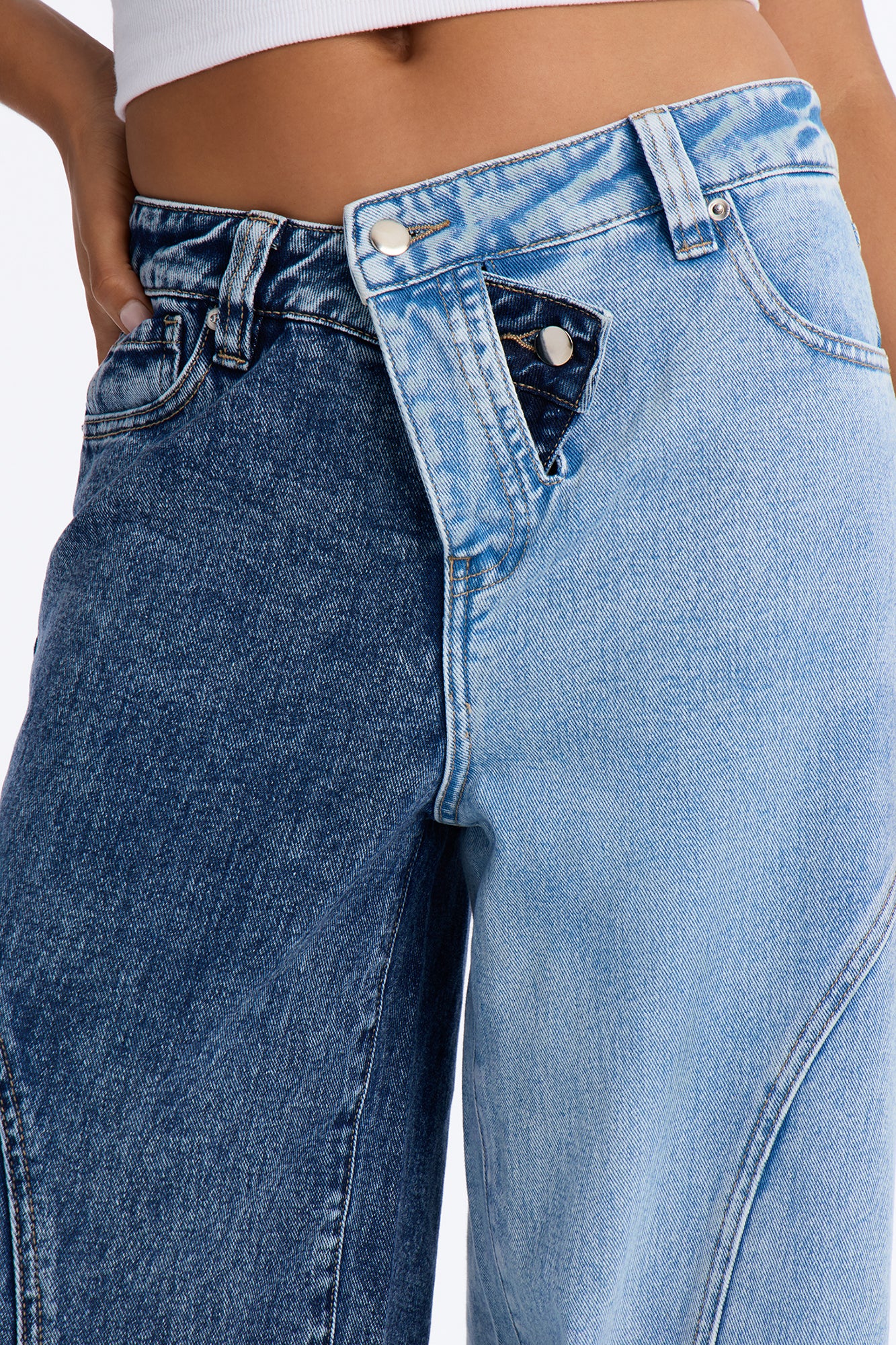 Split Signals Two Tone Crossover Waistband Jeans - Blue/combo