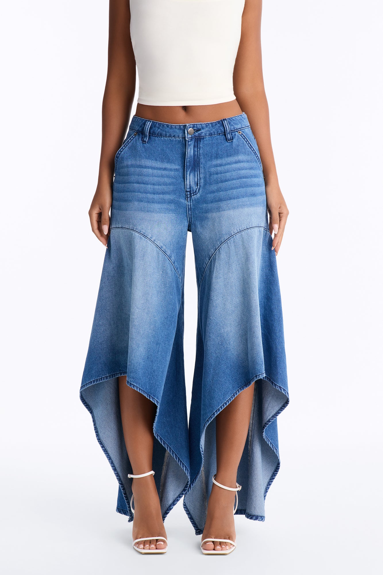 Malibu Cropped High Low Hem Wide Leg Jeans - Dark Wash