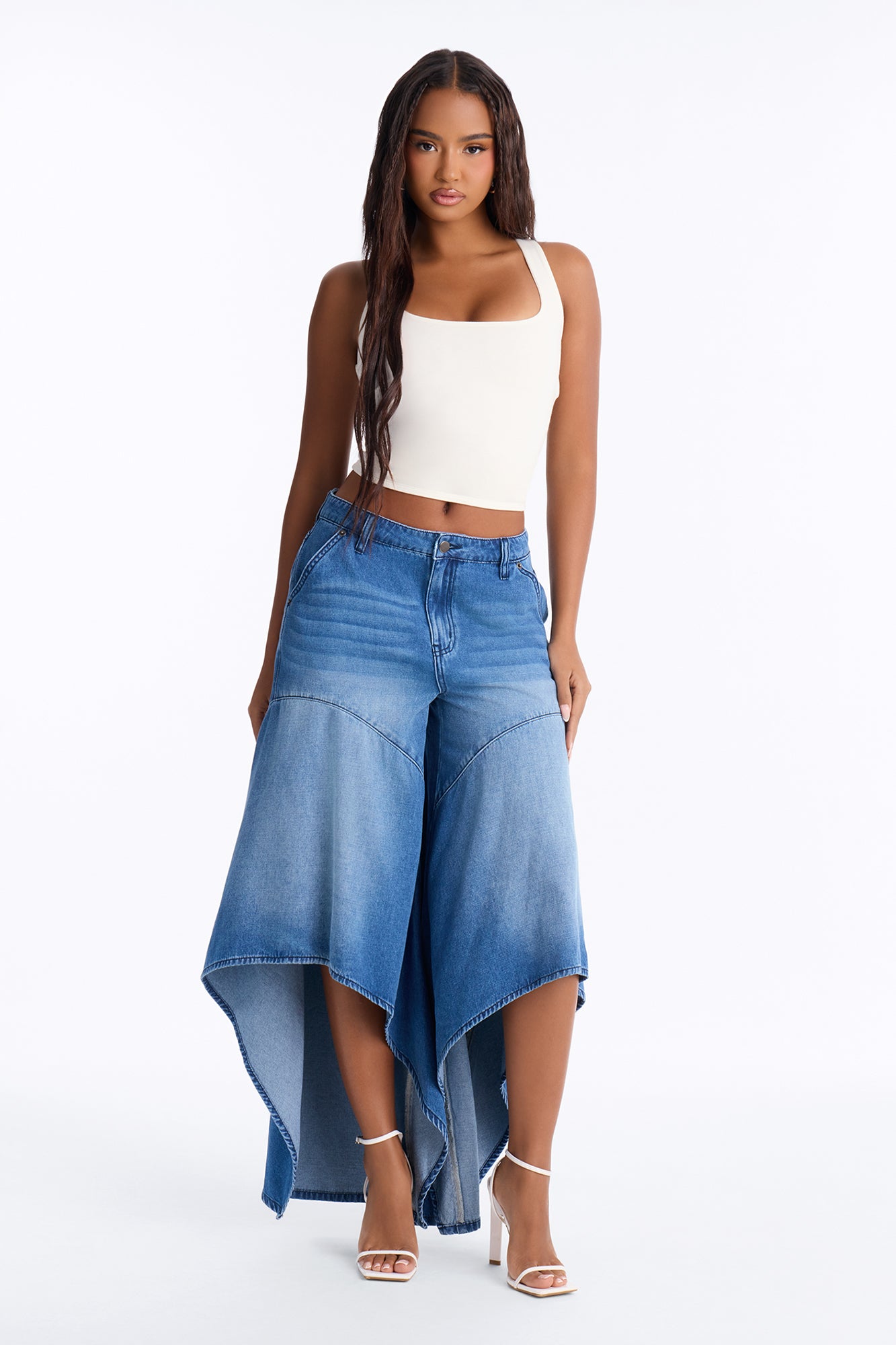 Malibu Cropped High Low Hem Wide Leg Jeans - Dark Wash