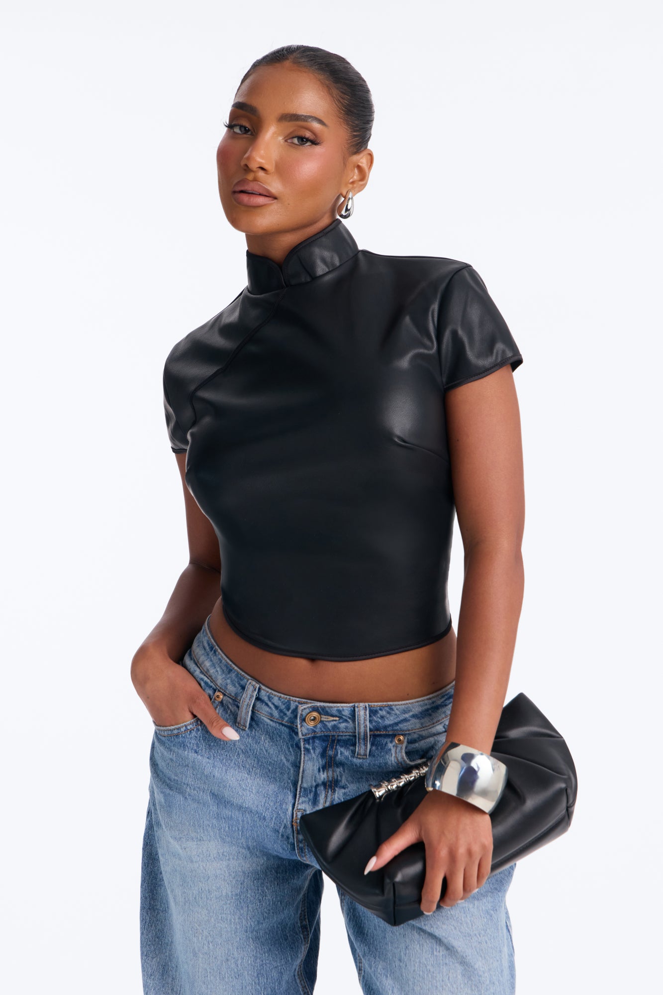 Tanya Faux Leather Mock Neck Top - Black