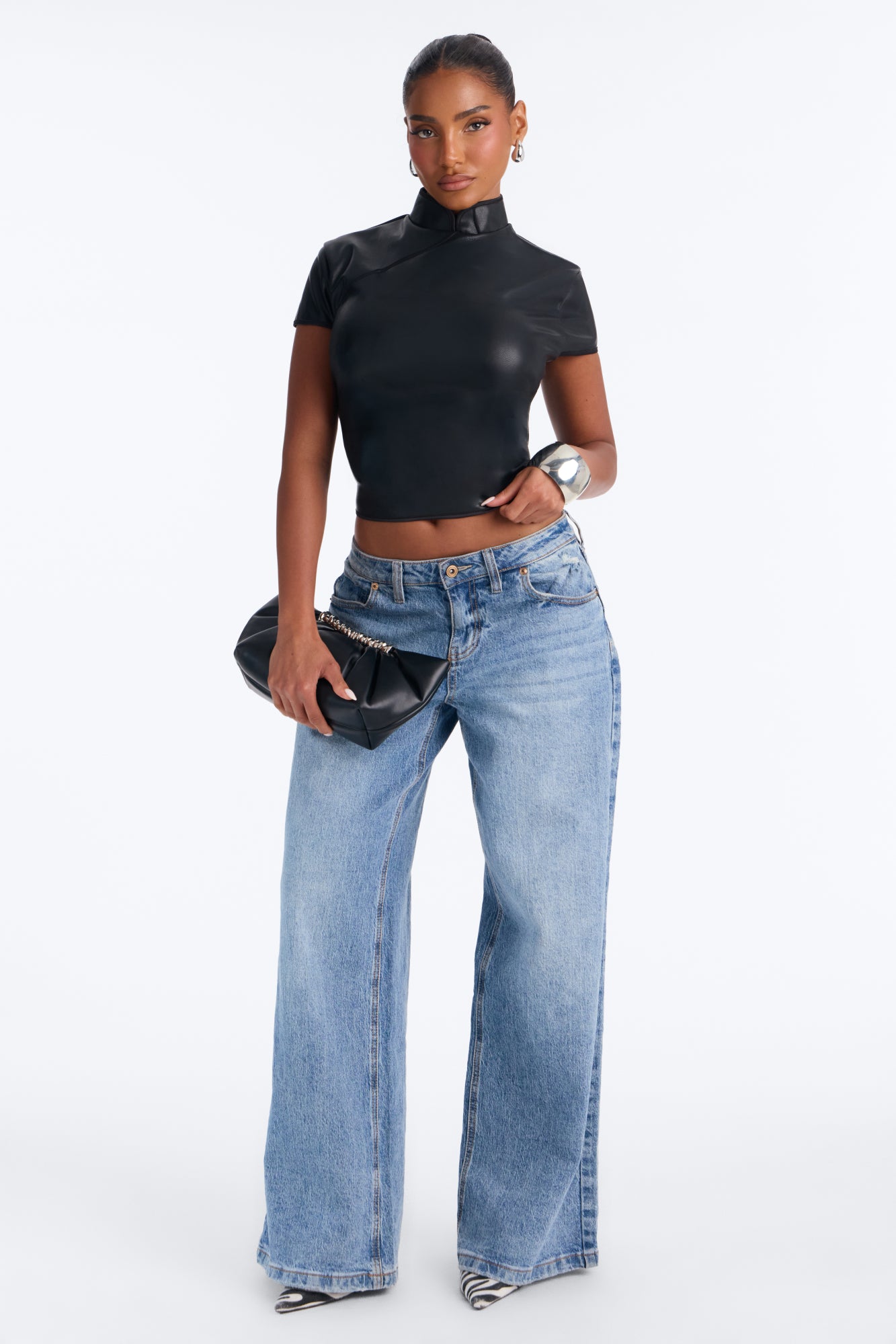 Tanya Faux Leather Mock Neck Top - Black
