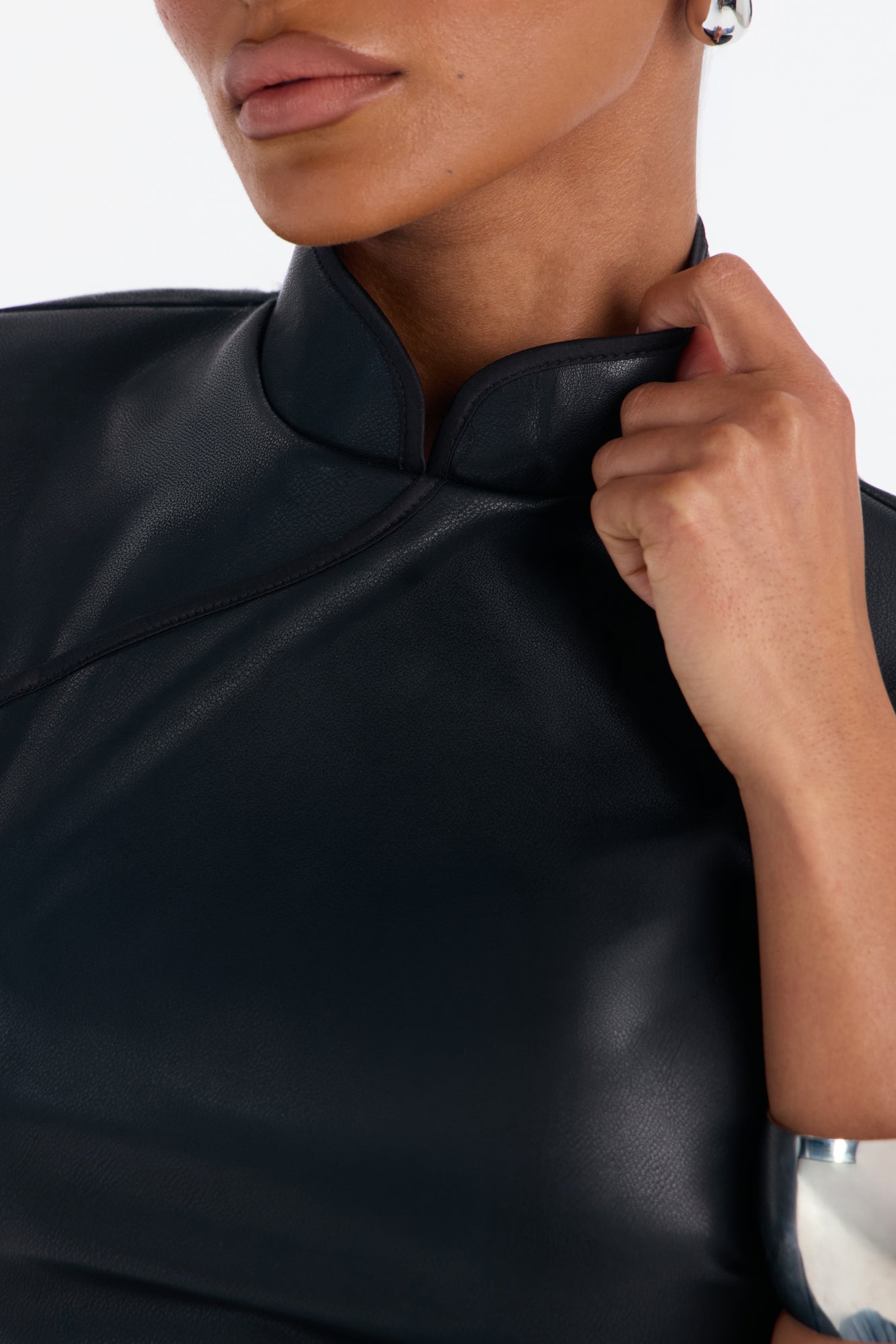 Tanya Faux Leather Mock Neck Top - Black