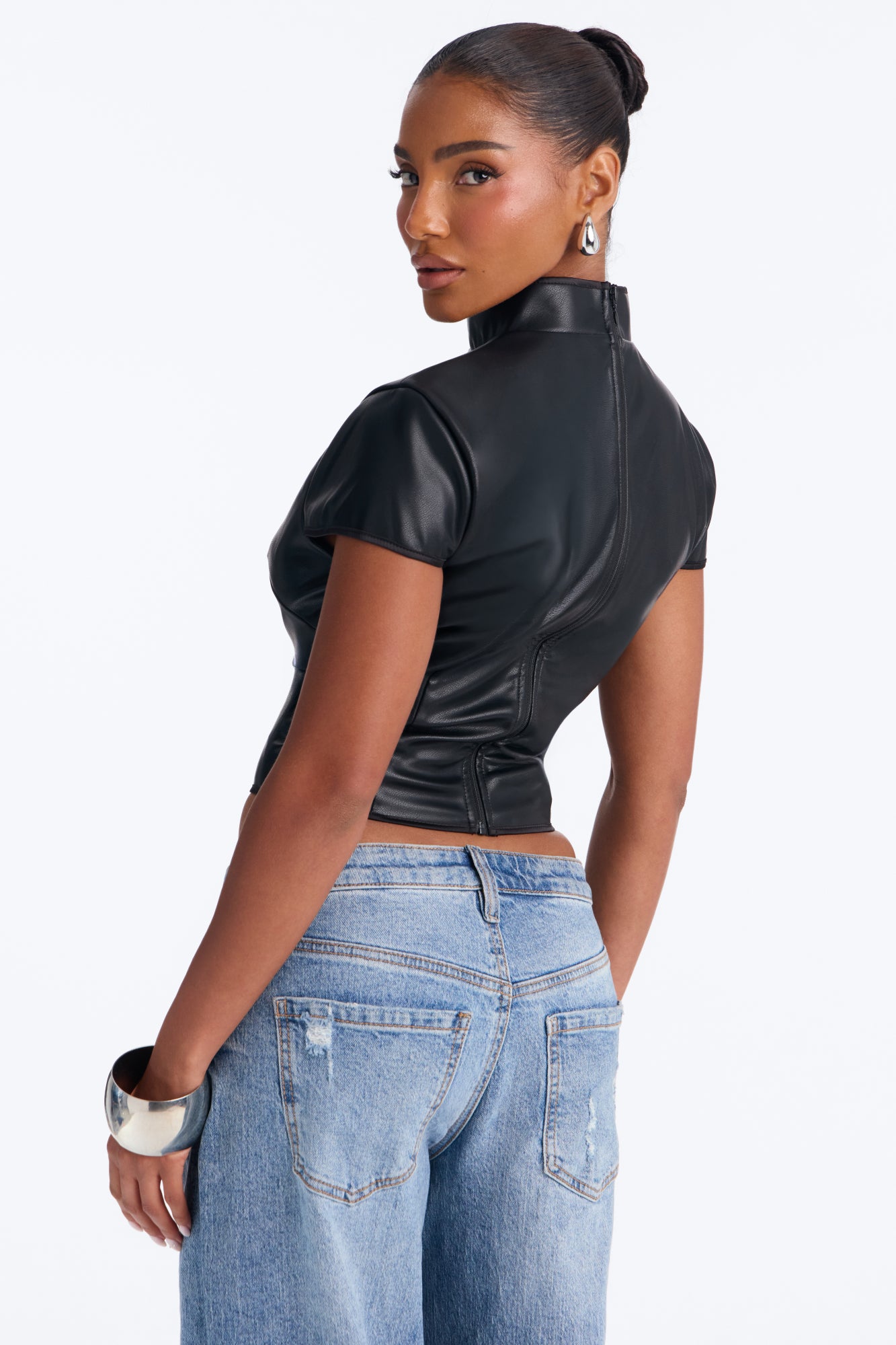 Tanya Faux Leather Mock Neck Top - Black