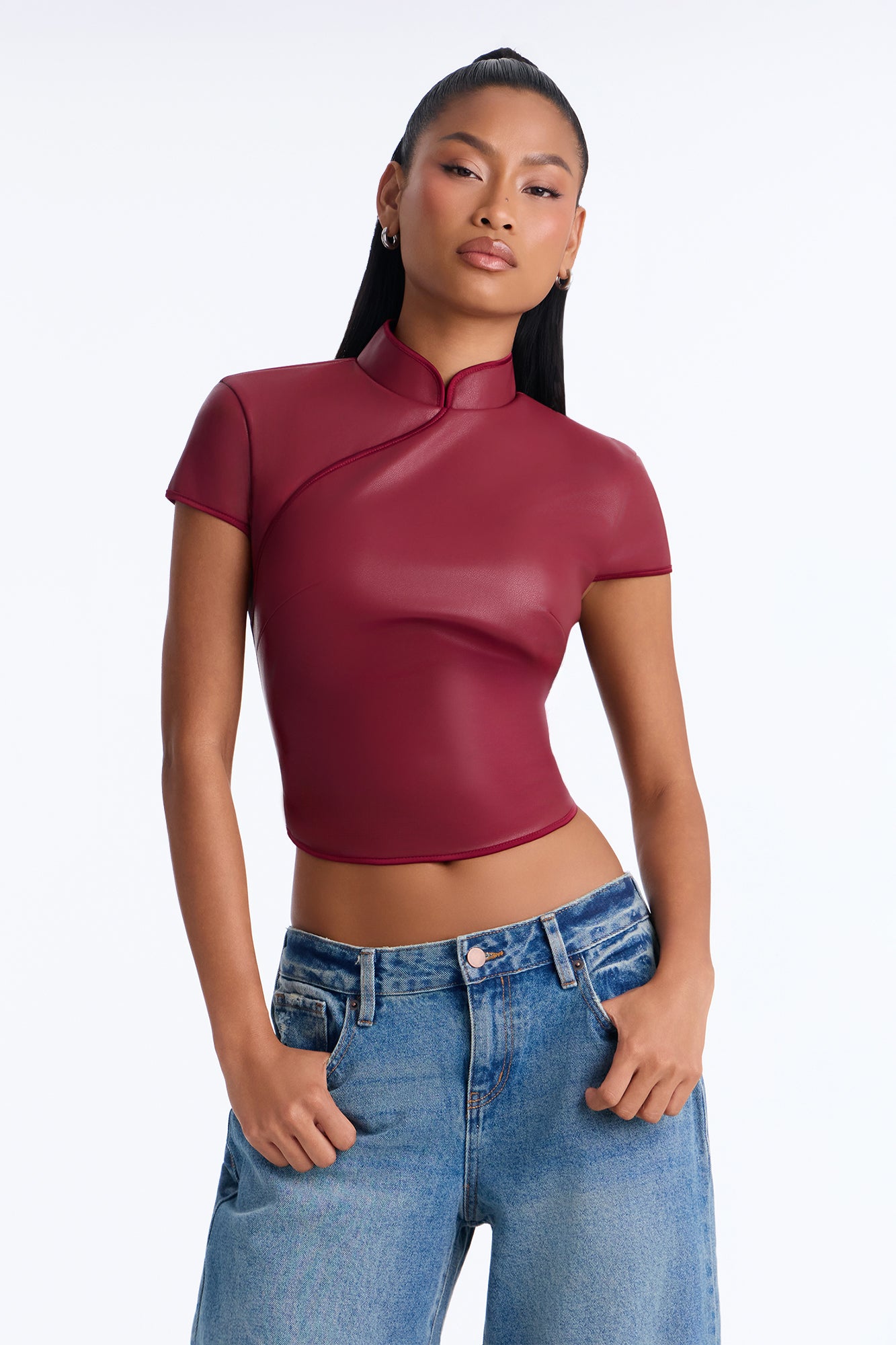 Tanya Faux Leather Mock Neck Top - Burgundy