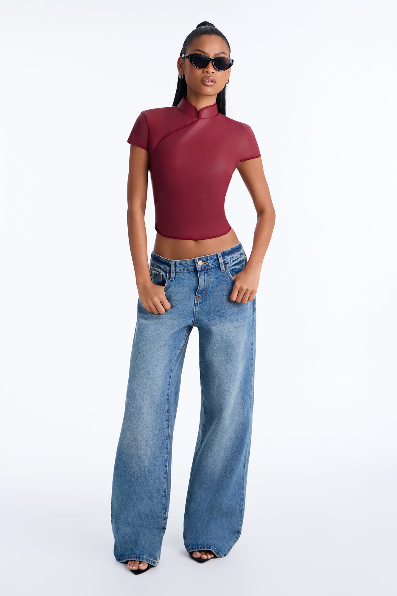 Tanya Faux Leather Mock Neck Top - Burgundy