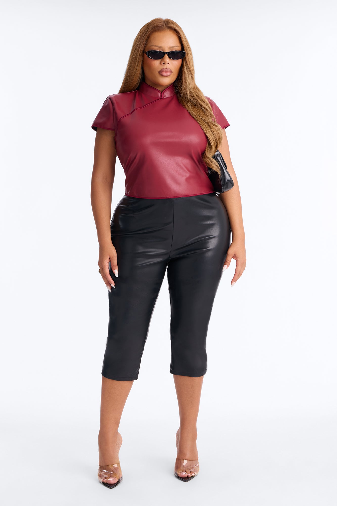 Tanya Faux Leather Mock Neck Top - Burgundy
