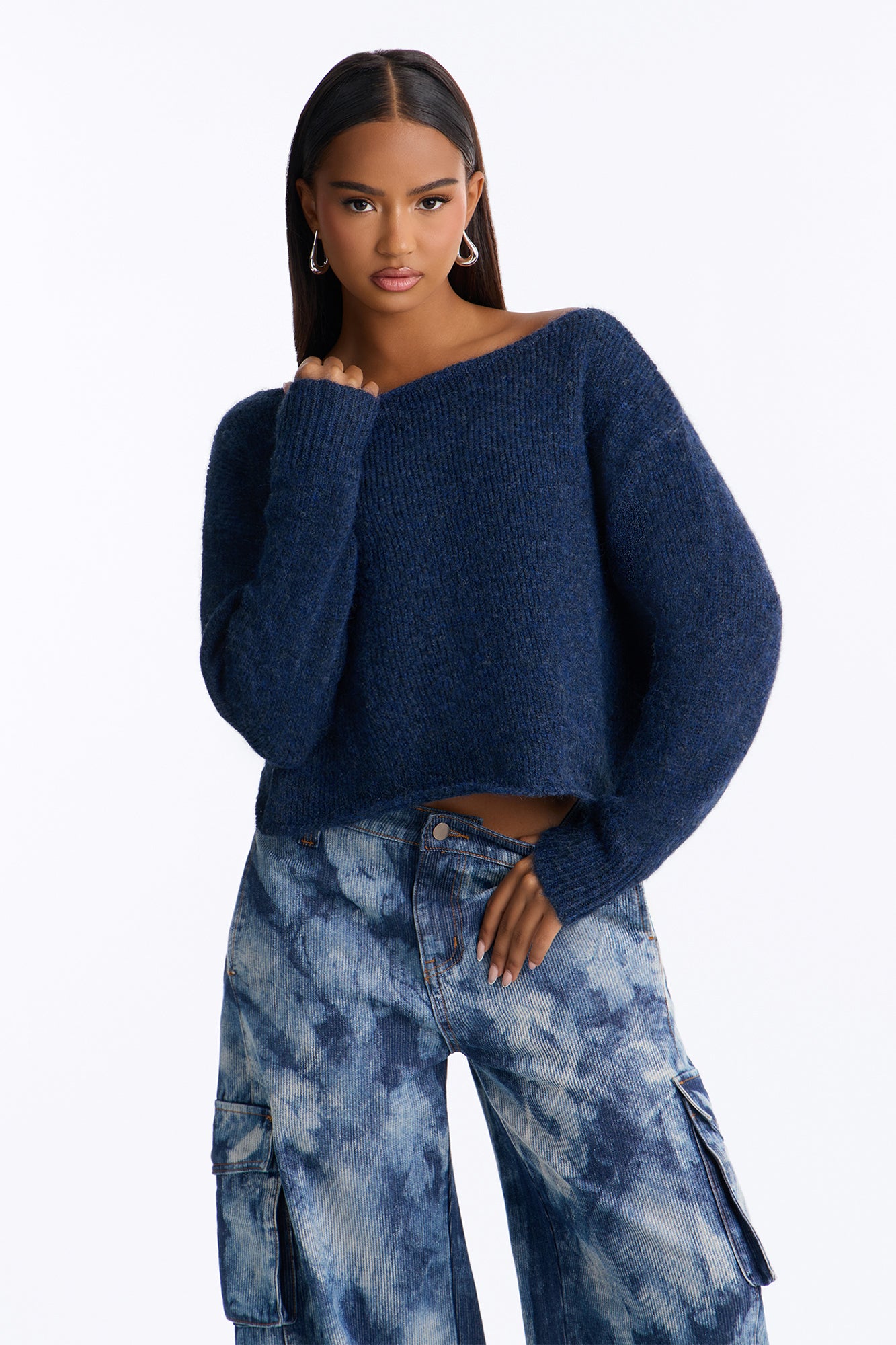 Lenah One Shoulder Pullover Sweater - Blue