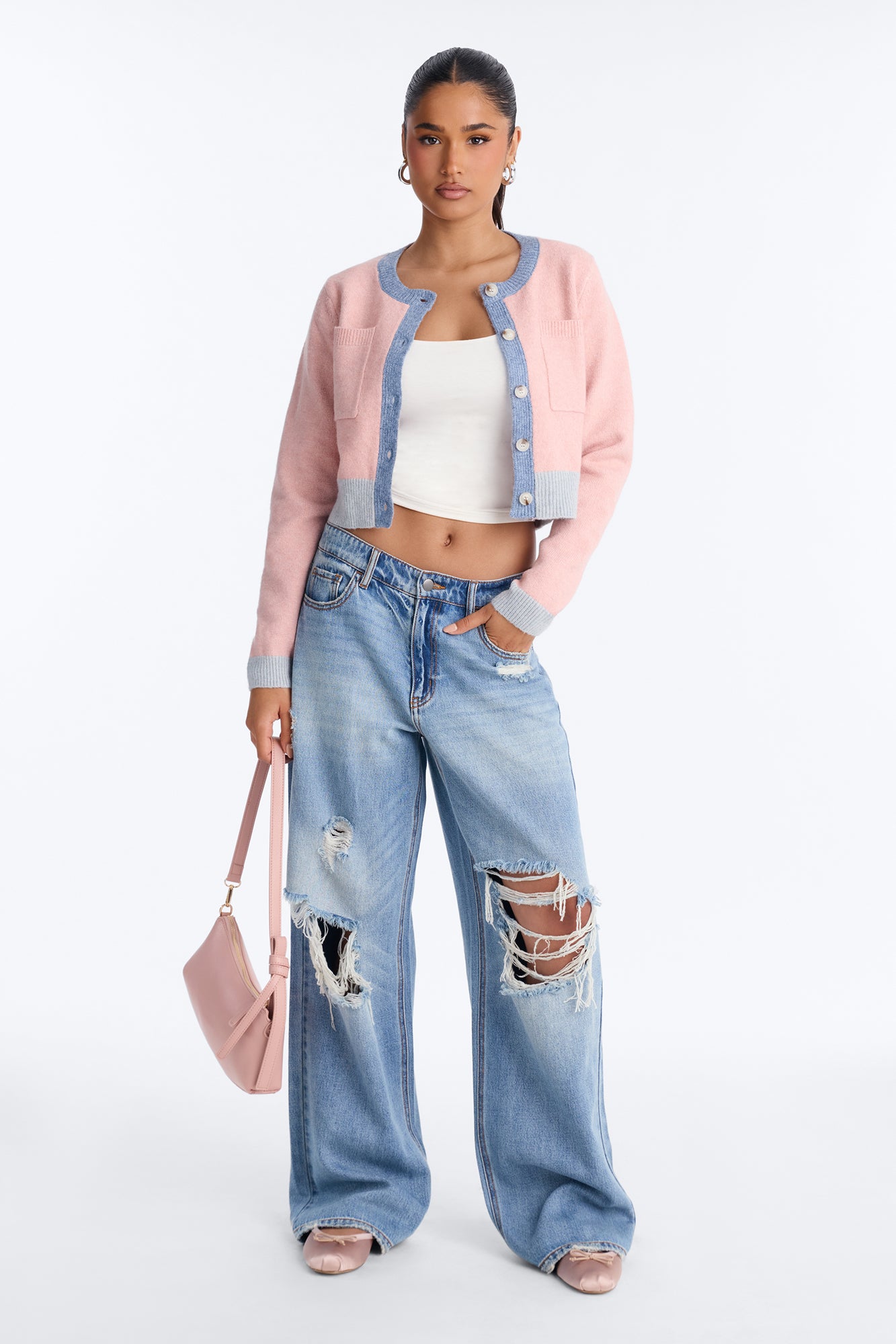 Blushing Button Up Cropped Cardigan - Pink/combo