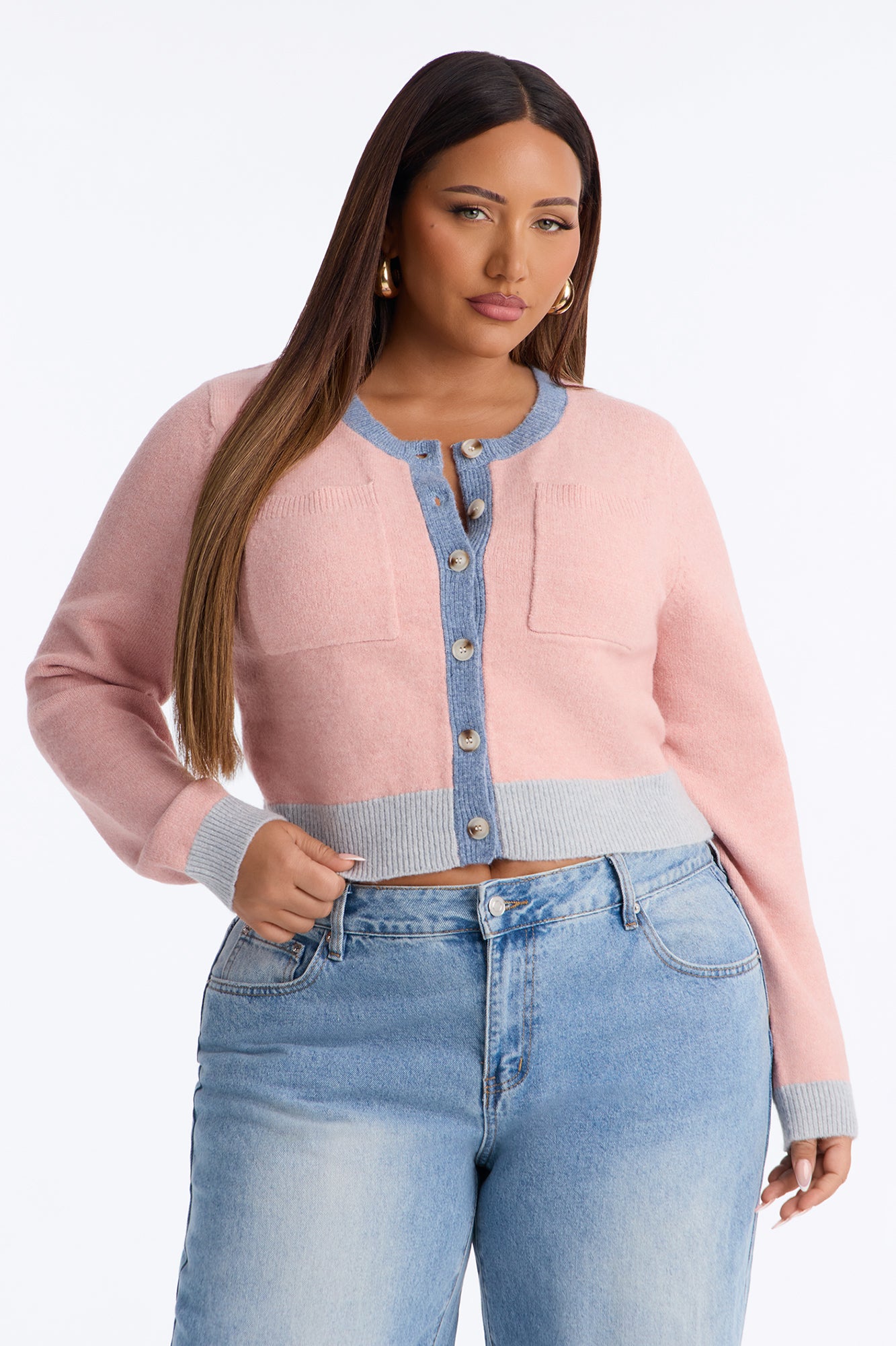 Blushing Button Up Cropped Cardigan - Pink/combo