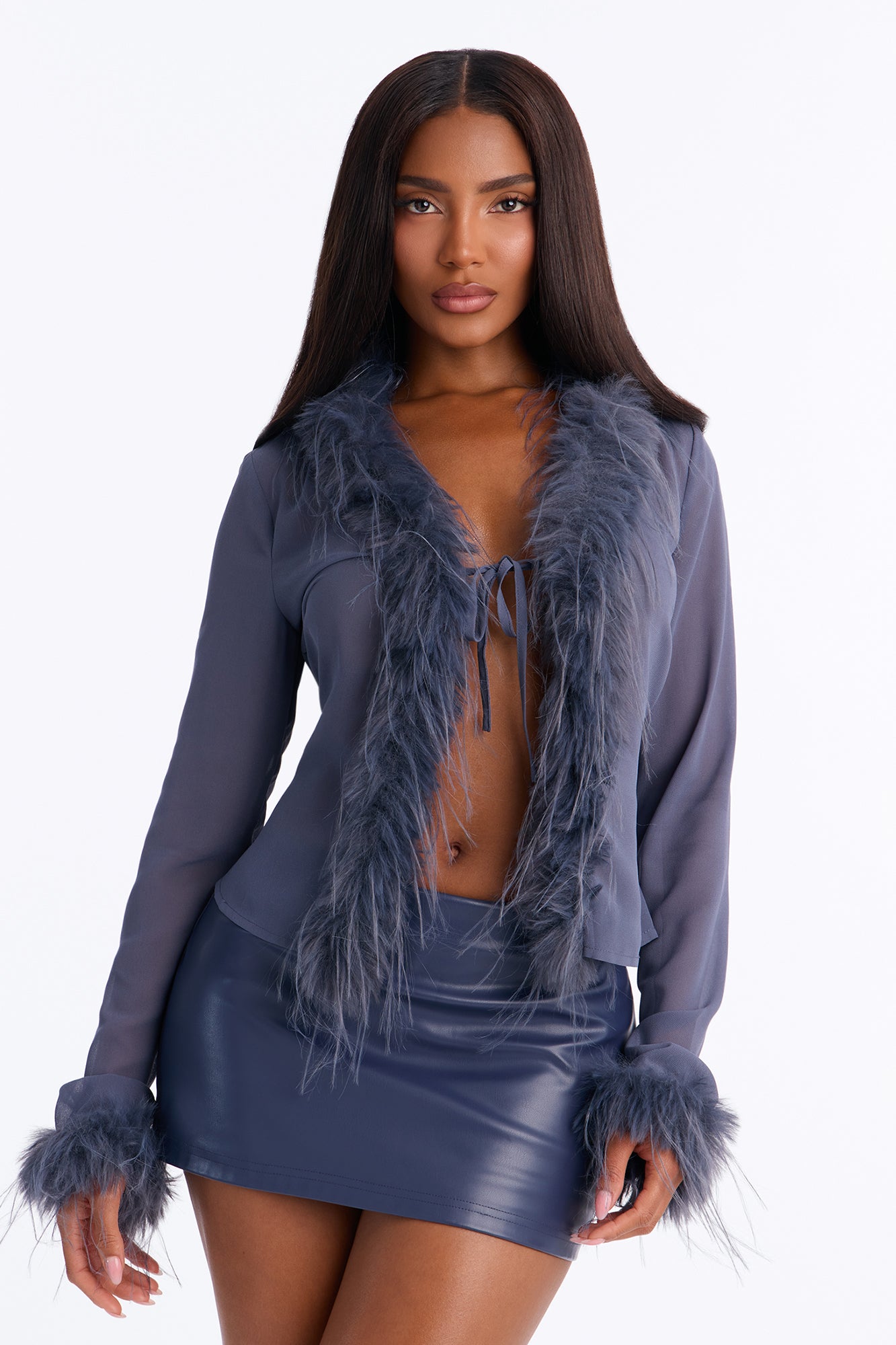 Simple Life Flyaway Fur Trim Top - Slate Blue