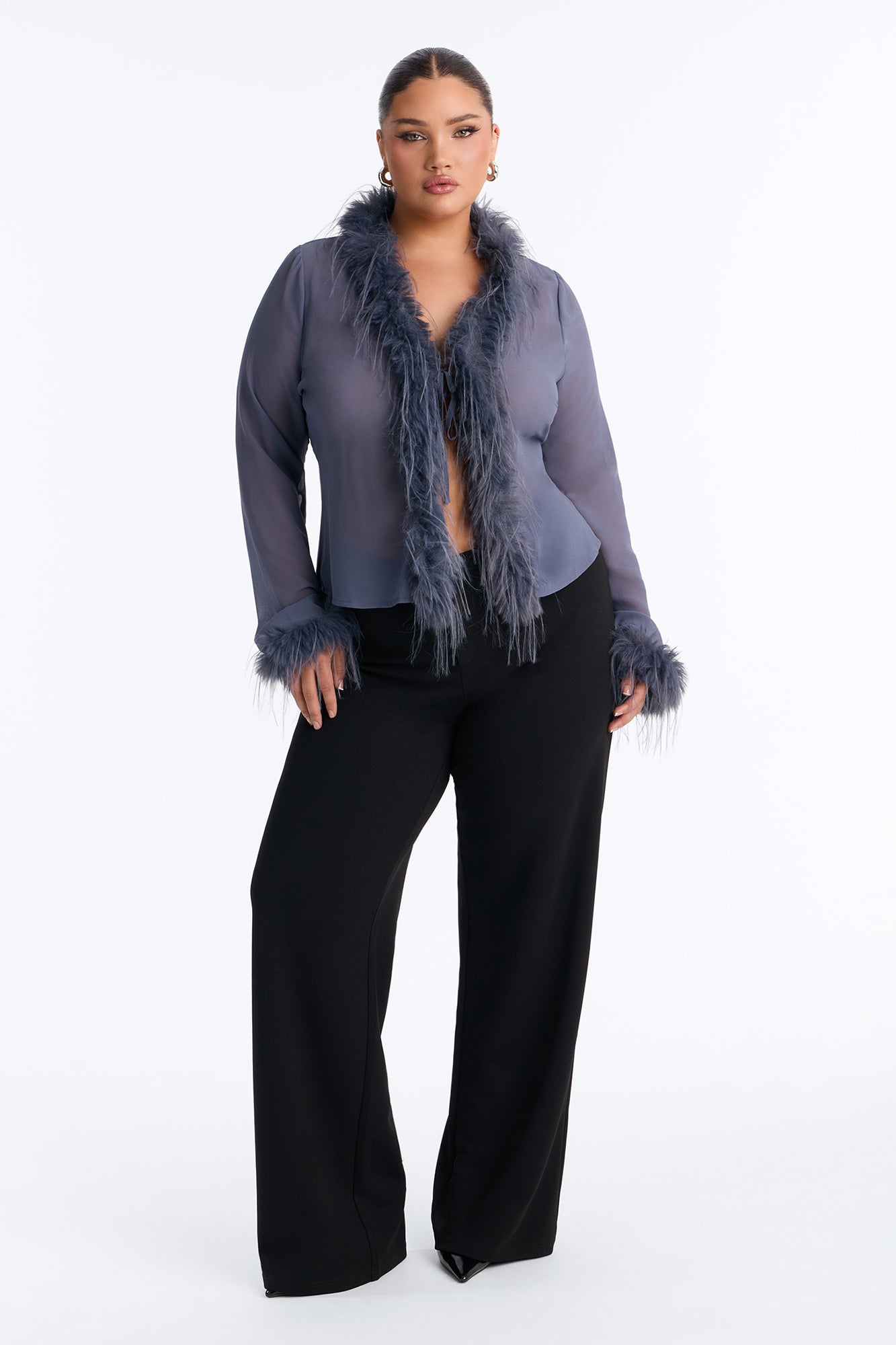 Simple Life Flyaway Fur Trim Top - Slate Blue