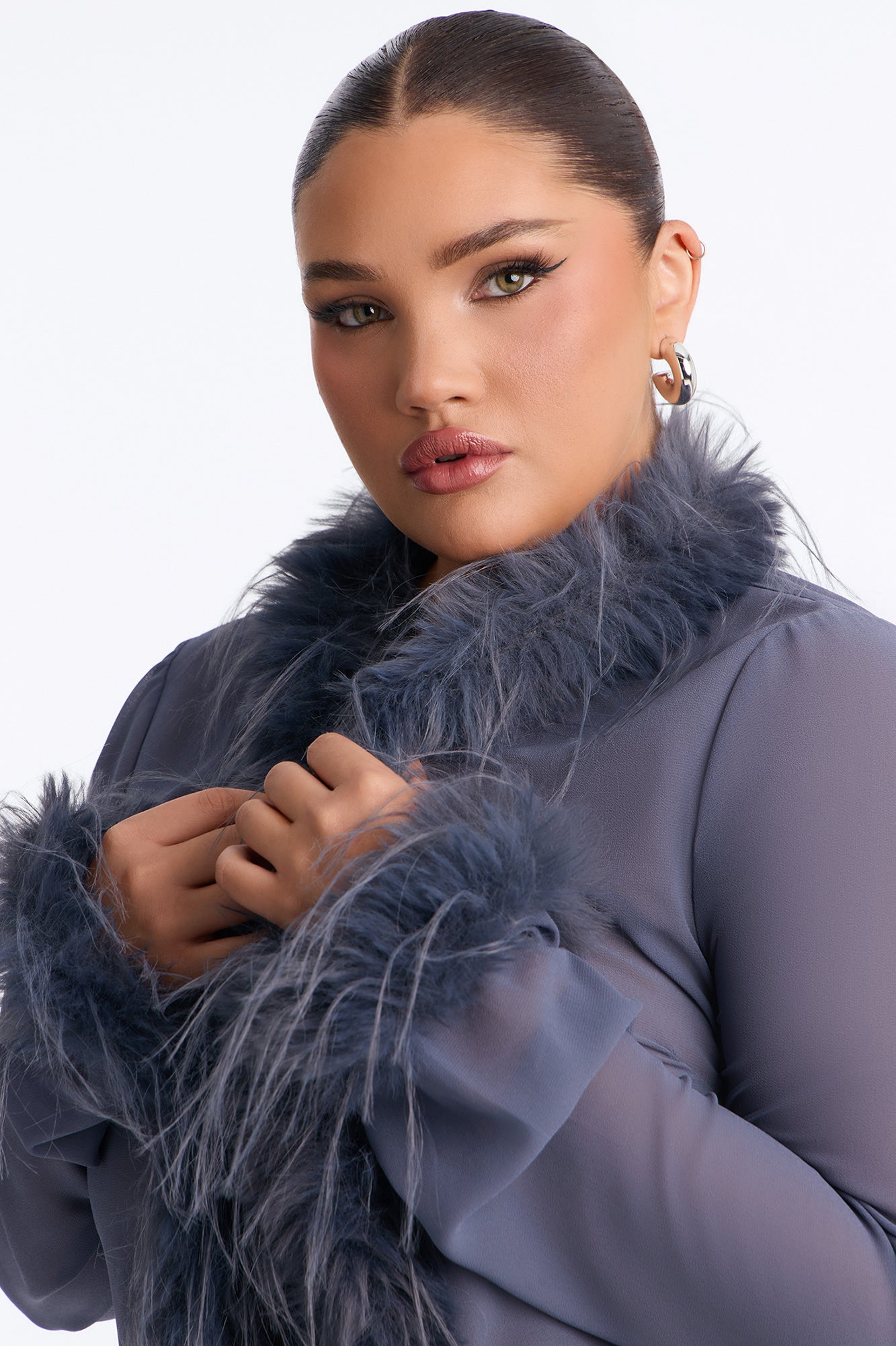 Simple Life Flyaway Fur Trim Top - Slate Blue