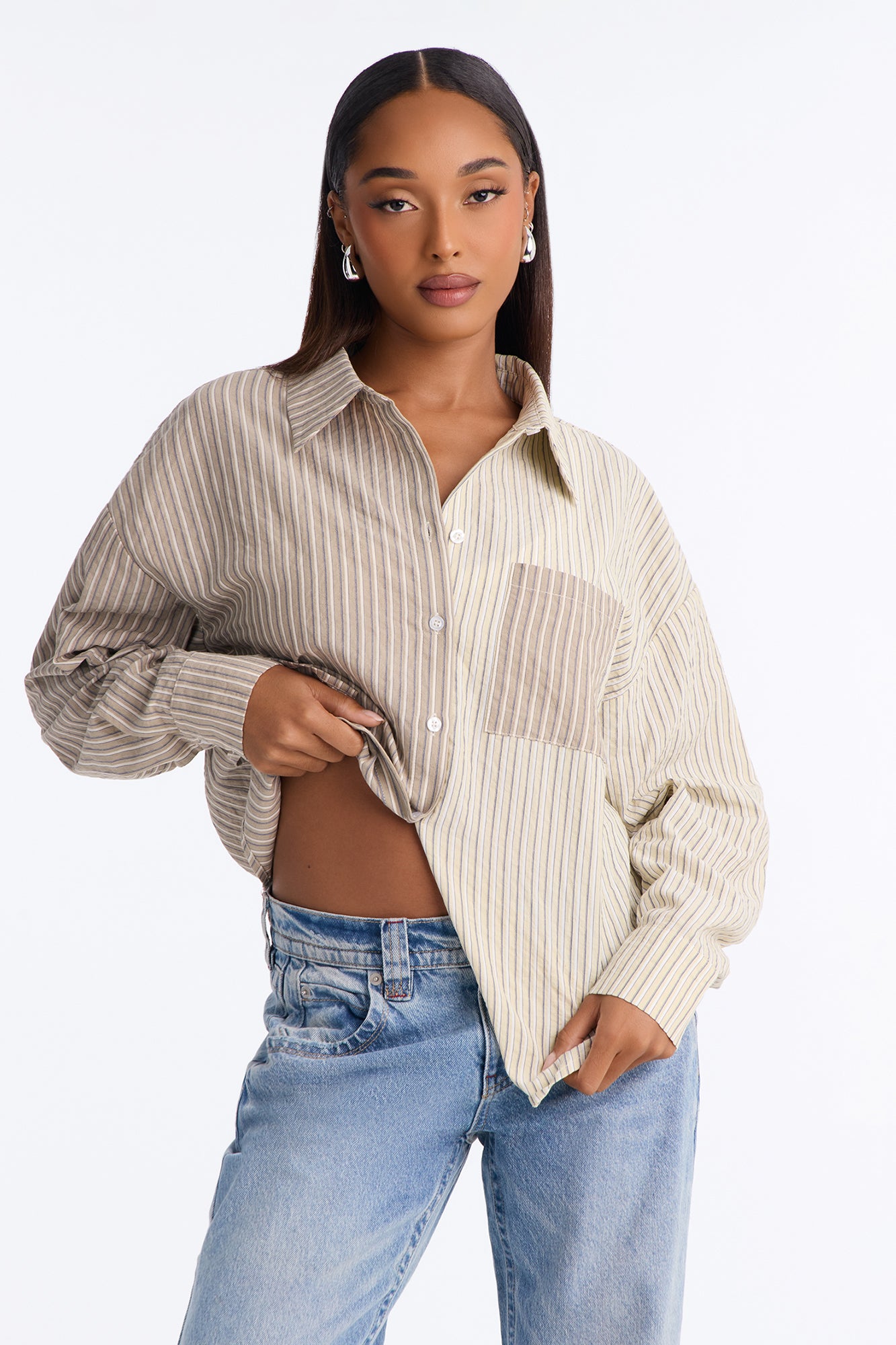 Salina Striped Button Up Shirt - Taupe/combo