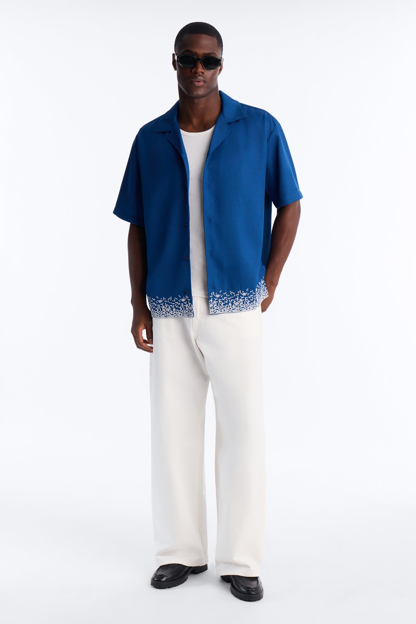 Relaxed Cascade Embroidered Cuban Button Up Shirt - Navy/combo