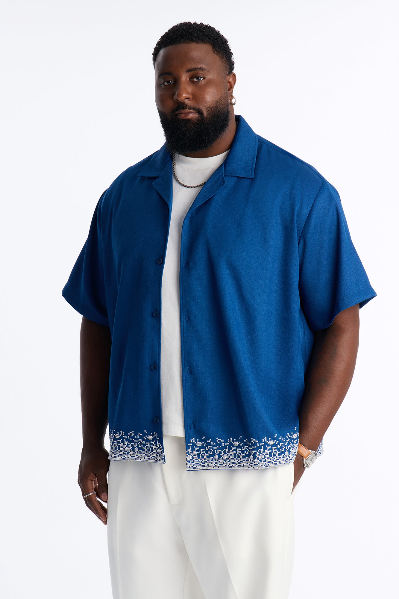 Relaxed Cascade Embroidered Cuban Button Up Shirt - Navy/combo