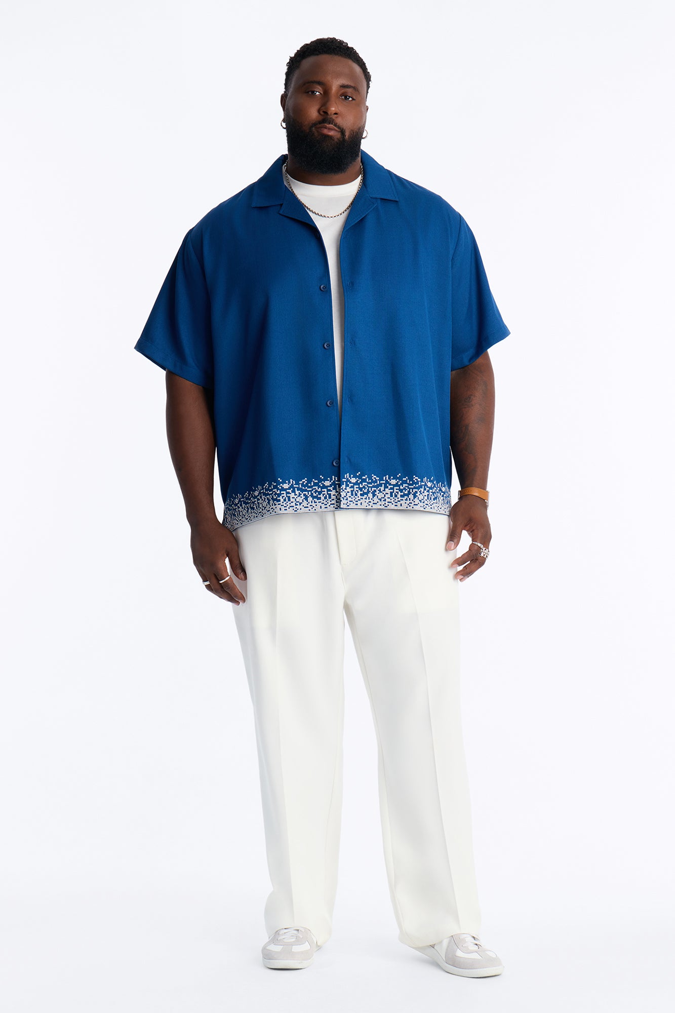 Relaxed Cascade Embroidered Cuban Button Up Shirt - Navy/combo