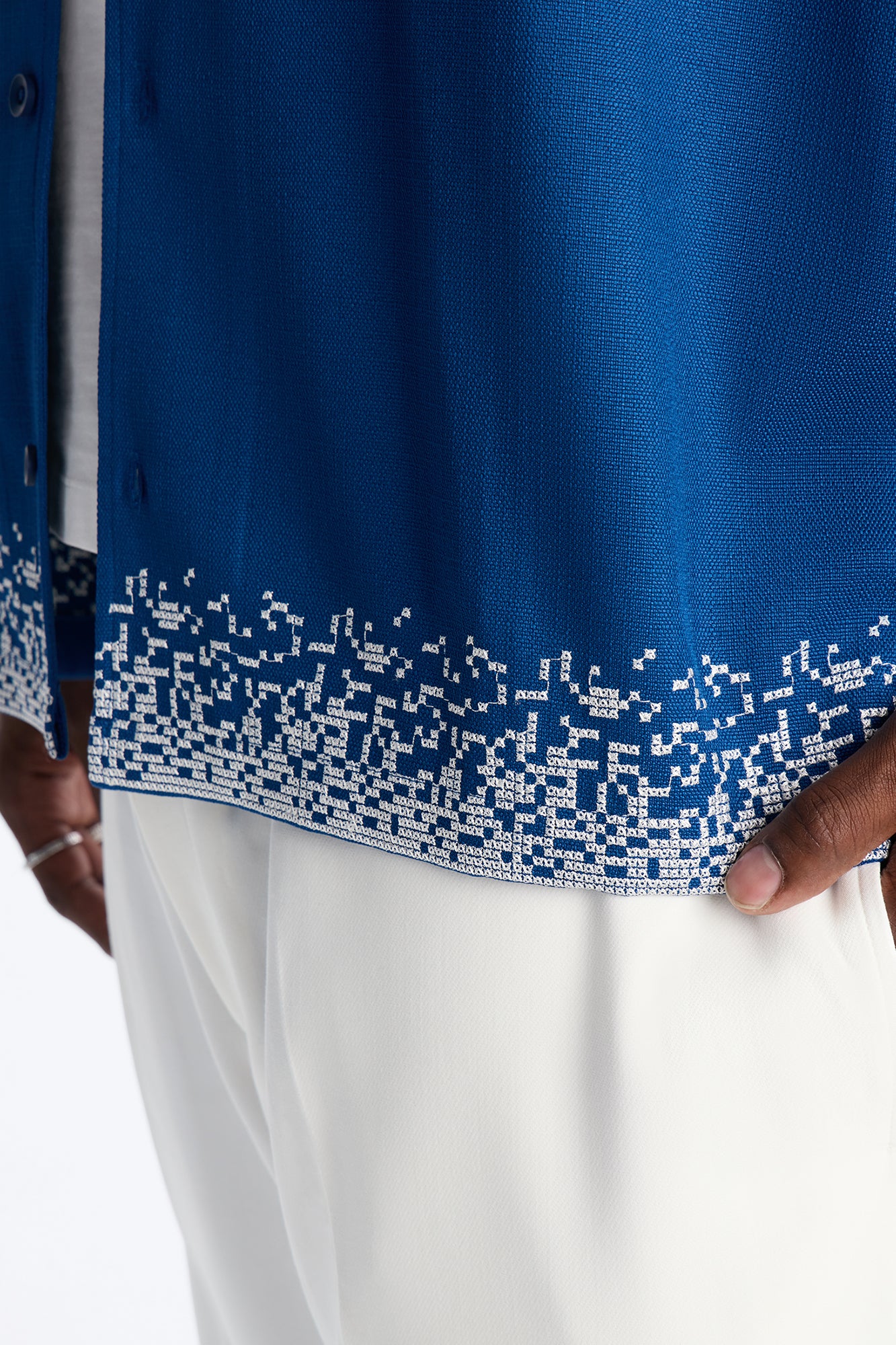 Relaxed Cascade Embroidered Cuban Button Up Shirt - Navy/combo