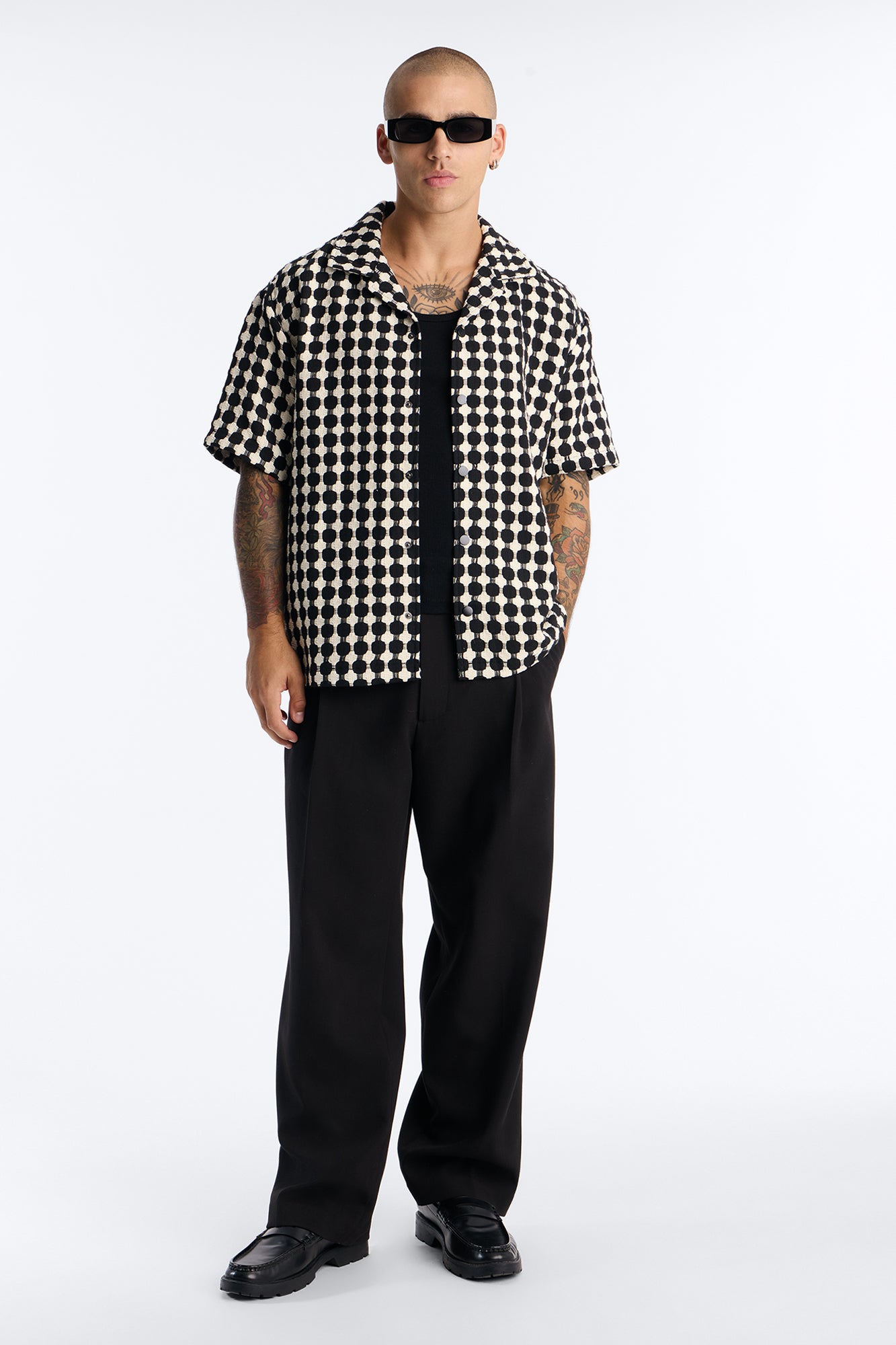 Relaxed Weaved Jacquard Cuban Collar Button Up Shirt - Black/combo