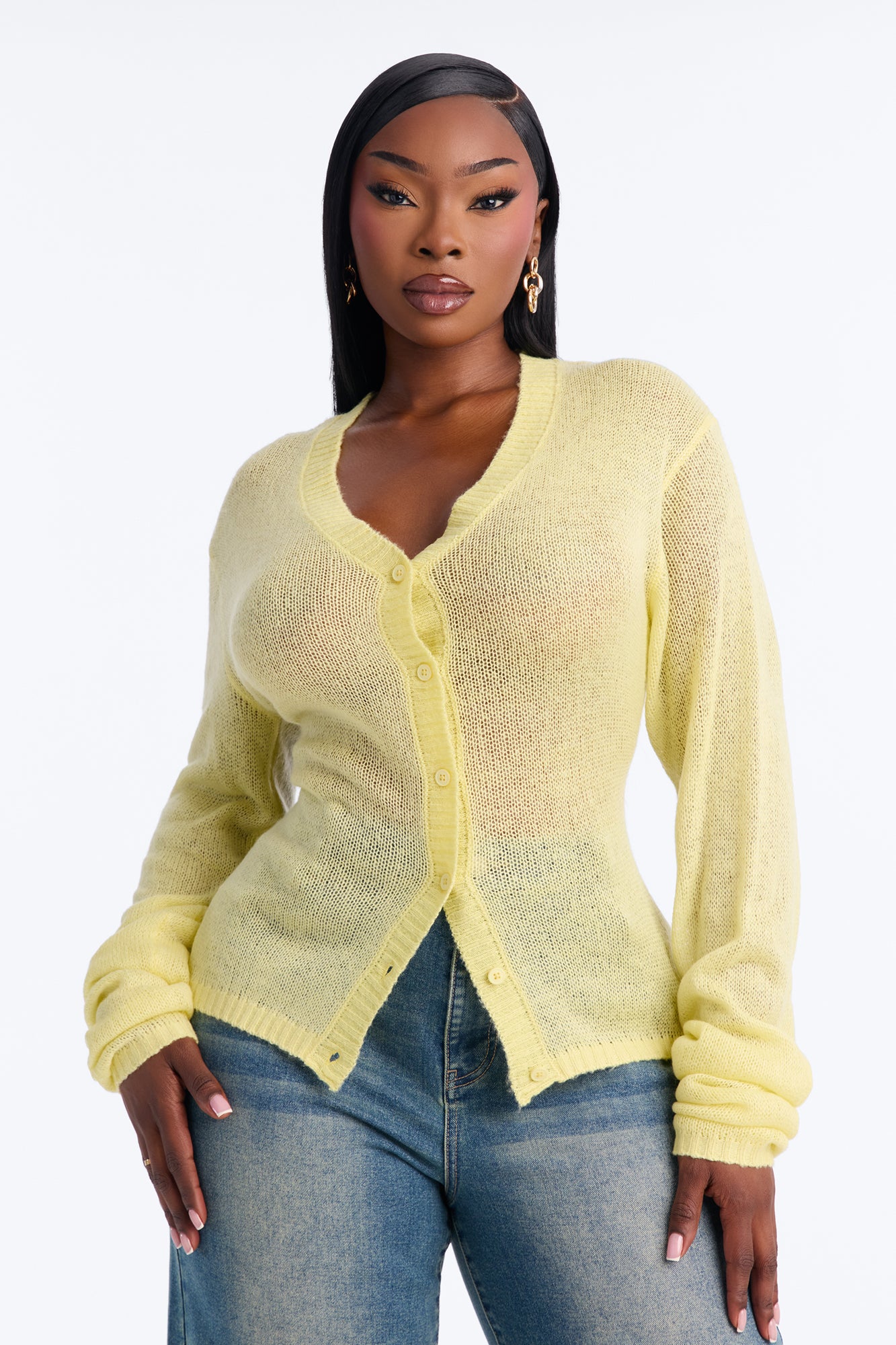 Sheer Me Out Long Sleeve Button Up Cardigan Sweater - Butter Yellow