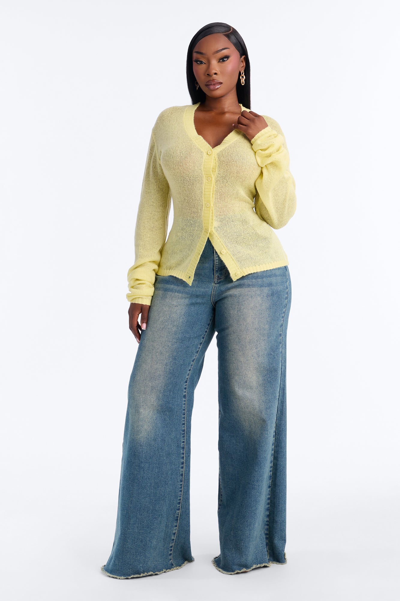 Sheer Me Out Long Sleeve Button Up Cardigan Sweater - Butter Yellow
