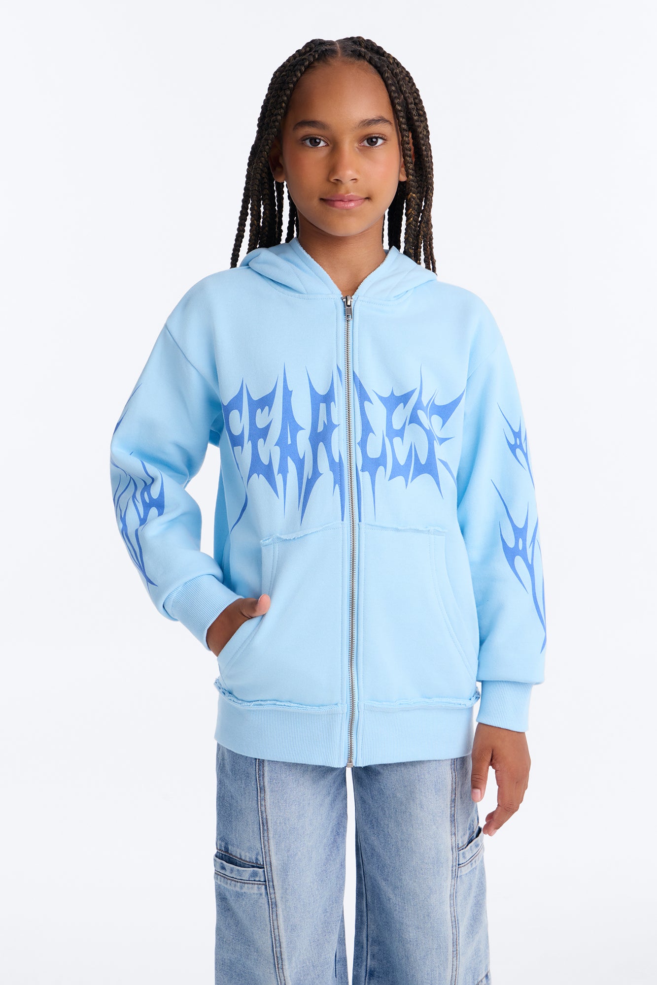 Mini Fearless Club Washed Fleece Hoodie - Light Blue