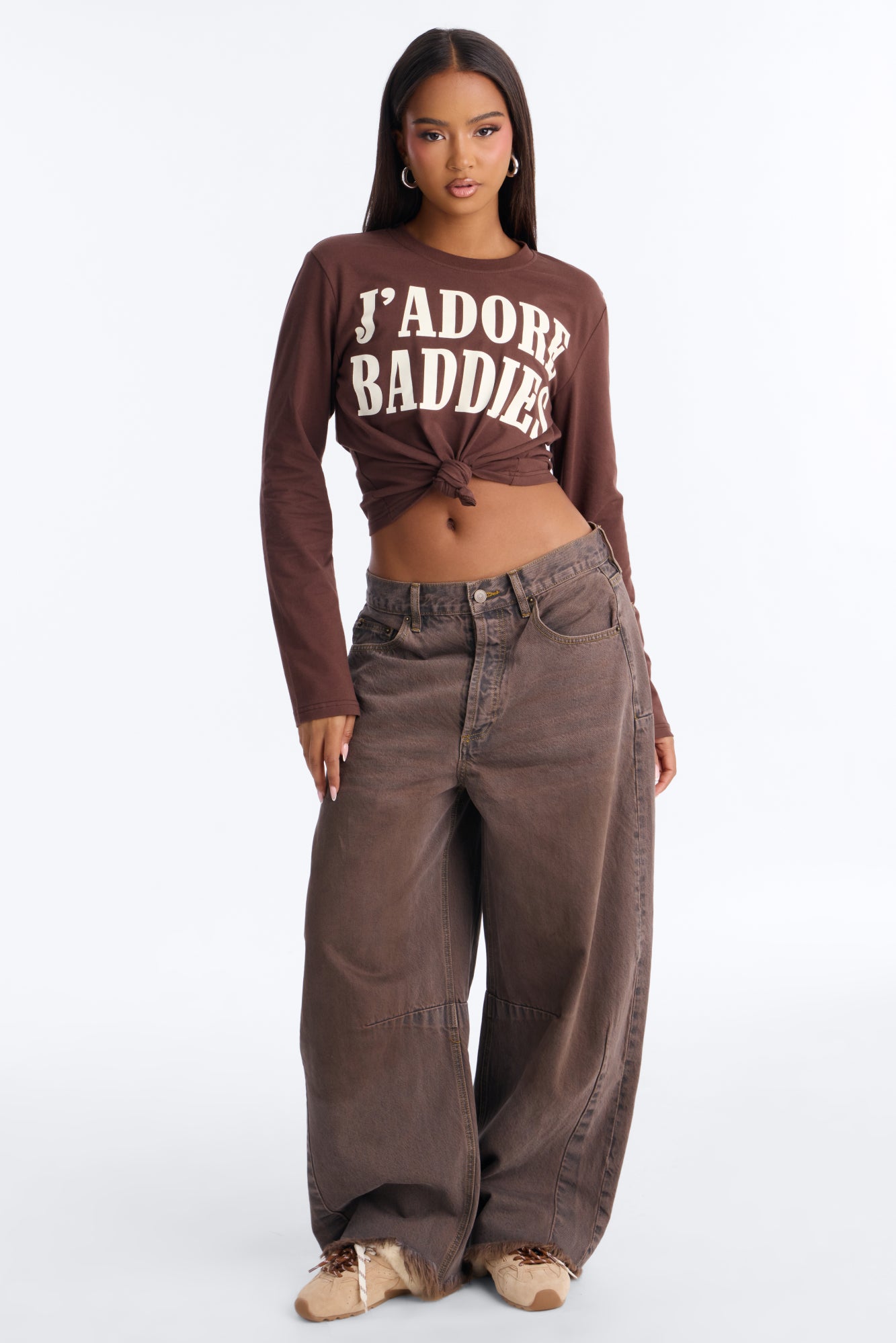 J'Adore Baddies Tie Front Long Sleeve Top - Chocolate