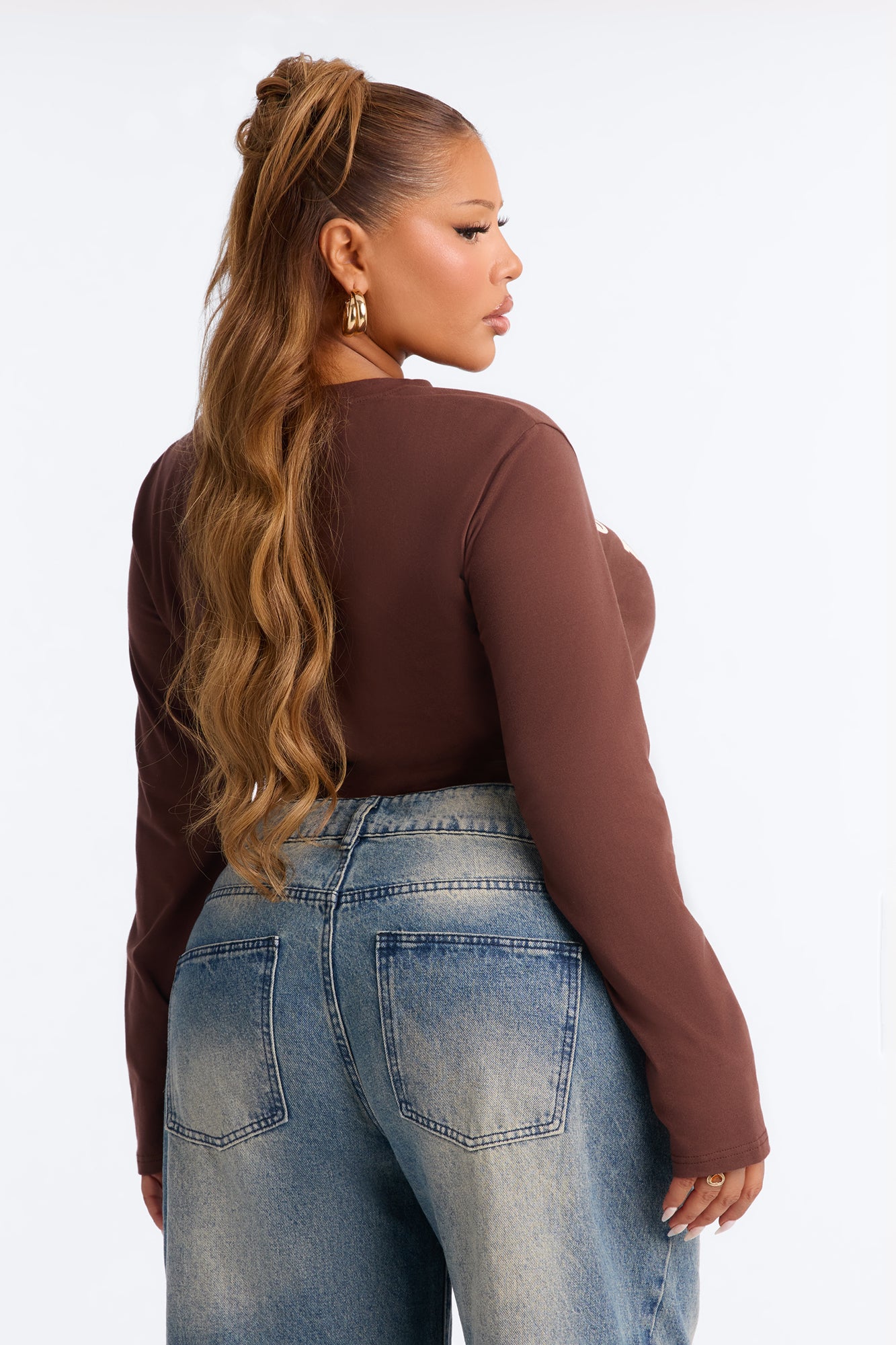 J'Adore Baddies Tie Front Long Sleeve Top - Chocolate